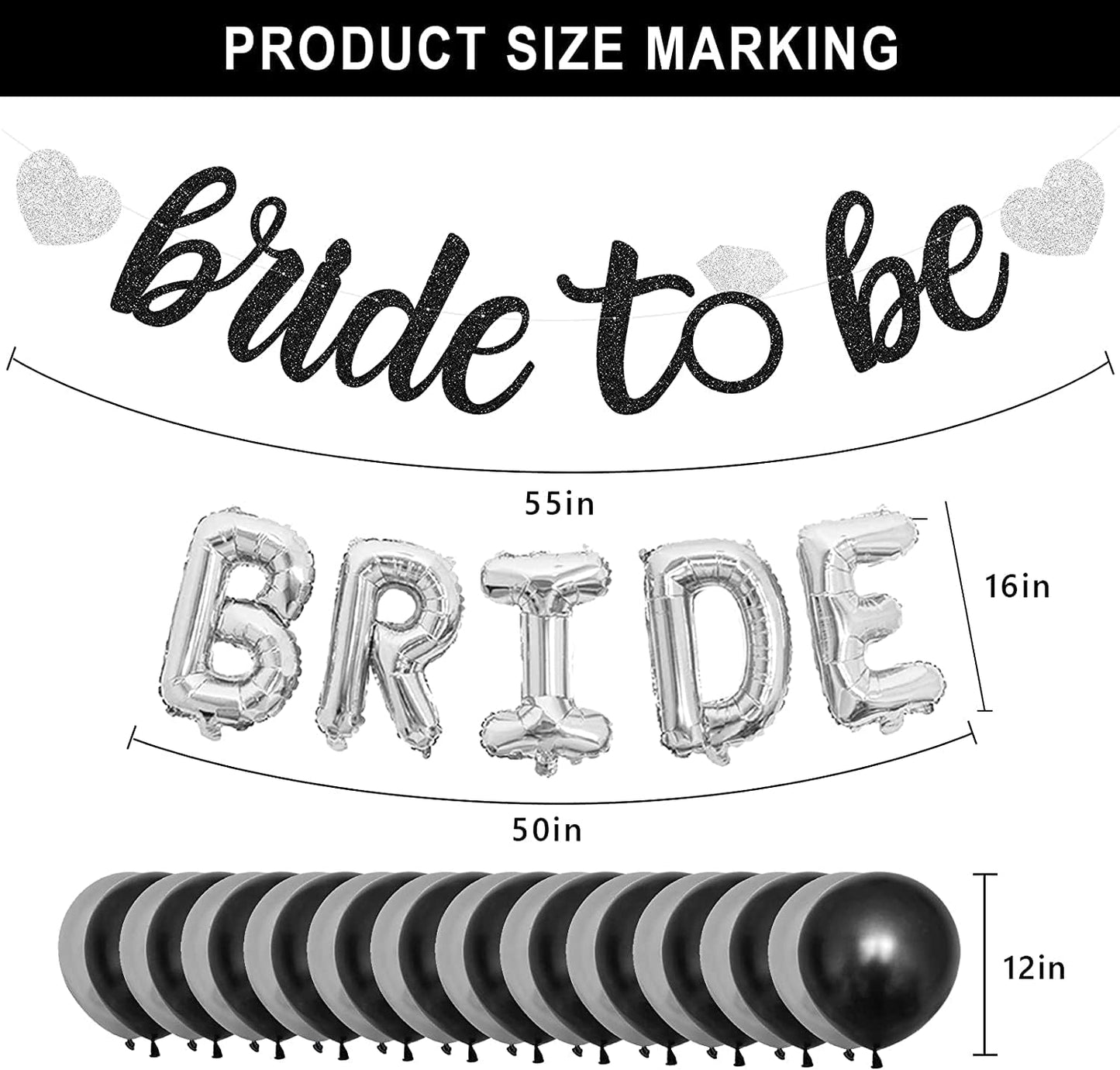Black Silver Party Decorations - Bridal Shower Decorations Set Bachelorette Party Supplies with Bride to Be Banner,Bride Foil Balloon,Diamond Ring Foil Balloon,Paper Fan Hanging Swirl