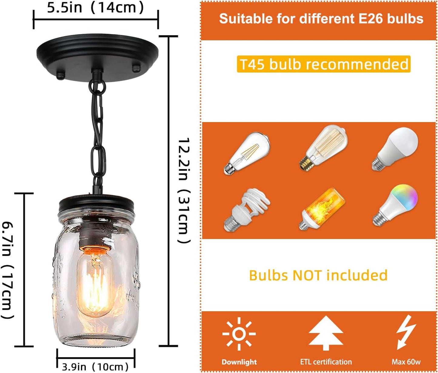 Glass Mason Jar Light Fixtures - Single Pendant Ceiling Light 1-Light Flush Mount - Black Country Farmhouse Lights for Kitchen Dining Room Foyer Stairway Hallway Entryway Porch