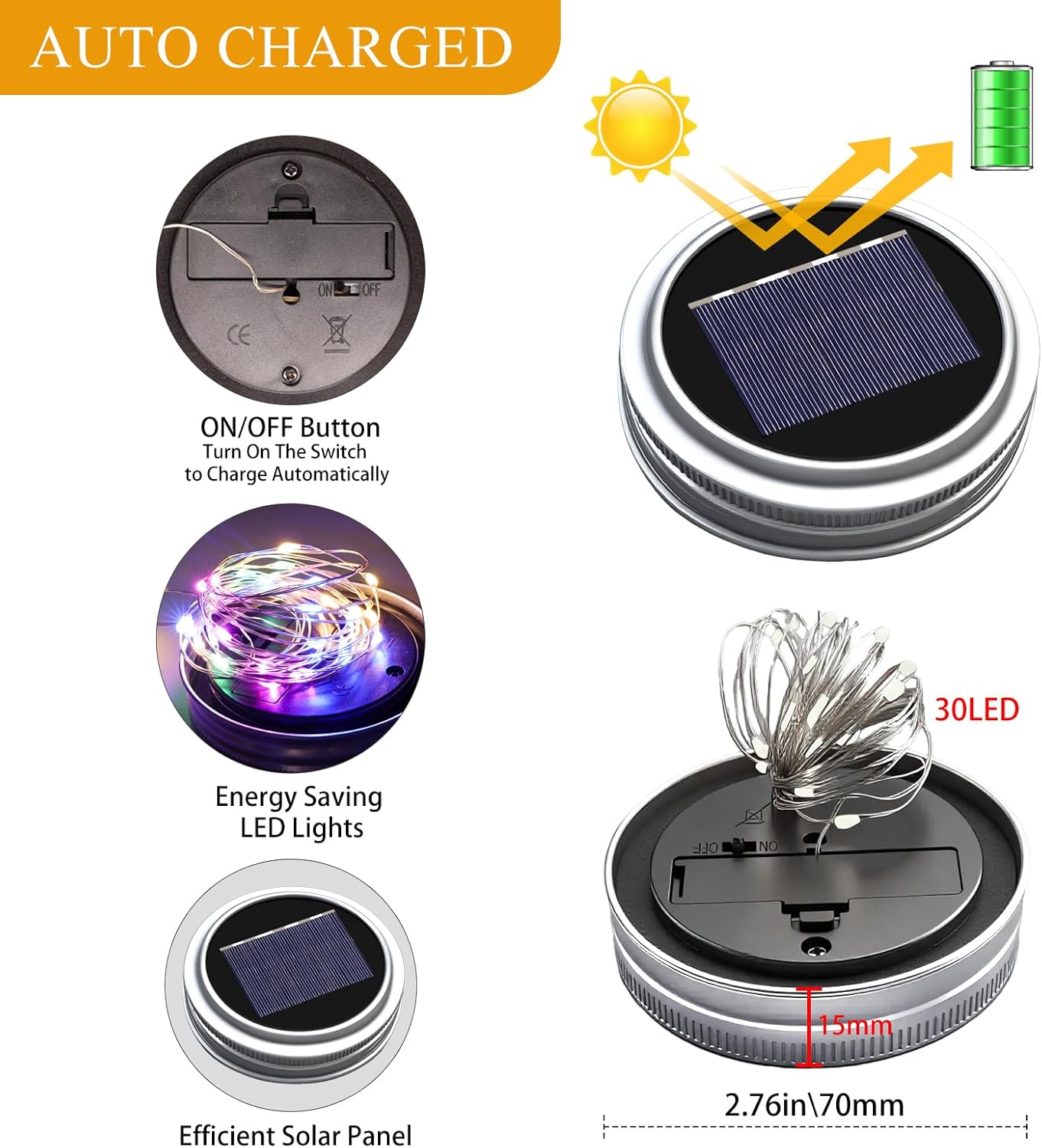 Solar Mason Jar Lights [Upgraded], 12 Pack 30 LED Firefly Fairy String Lights, Waterproof Outdoor Solar Mason Jar Lid Lights with Hangers(NO JARS) for Patio Garden Yard Wedding Decoration - Multicolor