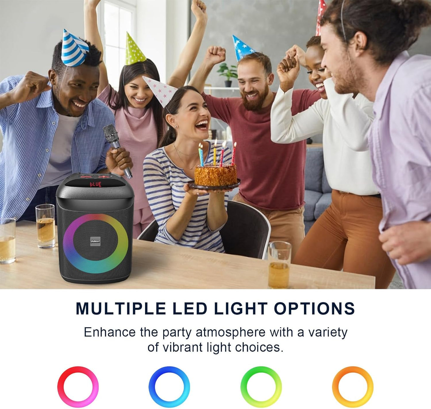 AIMAX Karaoke Machine with Bluetooth and Two Wireless Microphones, Portable Speaker for Home & Outdoor Parties, 7-Hour Battery Life, Mic/AUX/USB/TF Support, Perfect for Kids & Adults Singing