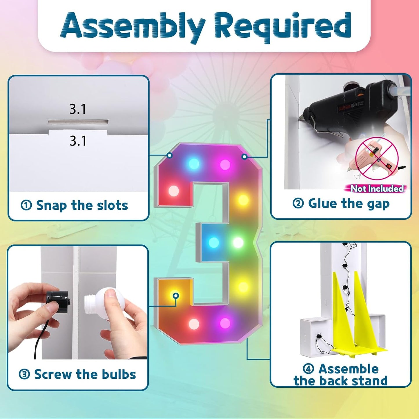 imprsv 4FT Colorful Marquee Numbers,18 Colors Number 3 with Remote, Light Up Numbers Sign for 30th Birthday Decorations Anniversary Party Decor, Pre-Cut Foam Board Kit, Mosaic Sign for Balloon