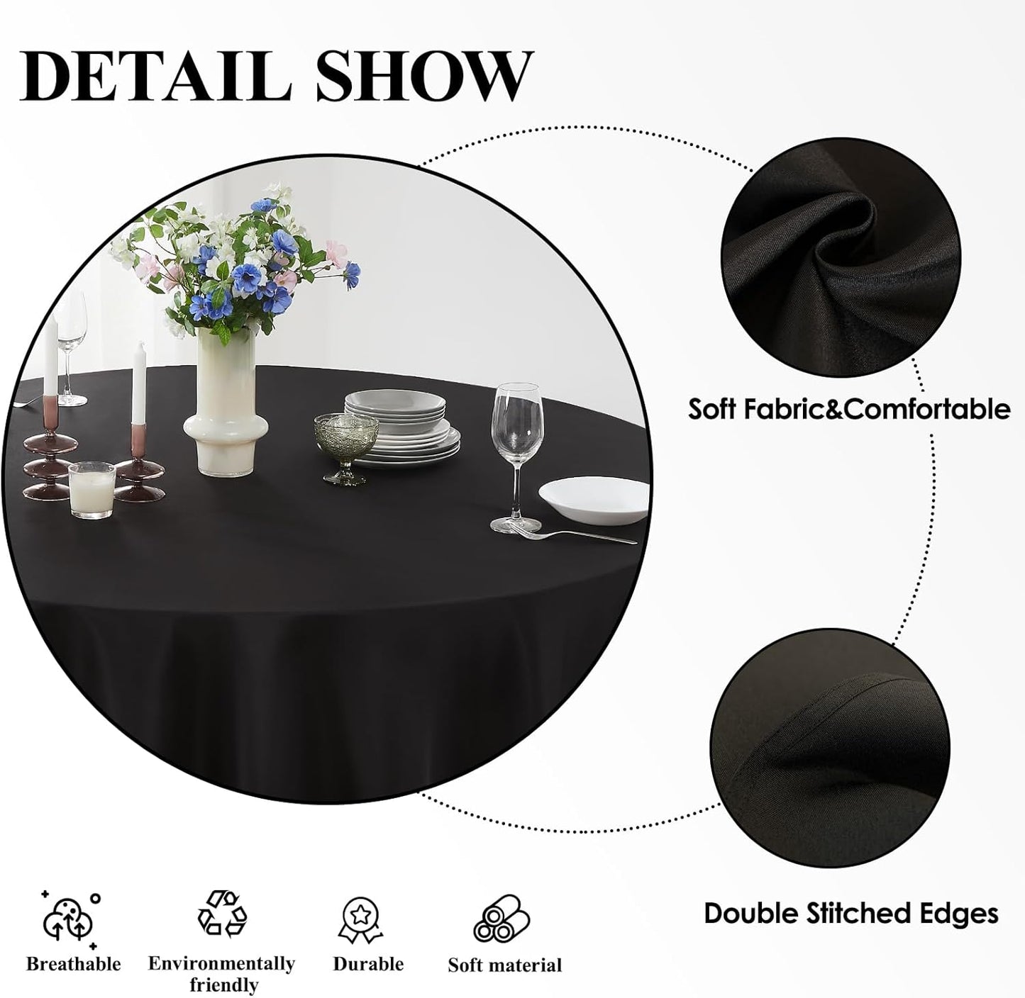 Round Tablecloth 132 Inch 8 Pack Black Tablecloths Washable Decorative Linen Polyester Table Clothes Cover for Dining Table Banquets Buffet Parties and Wedding