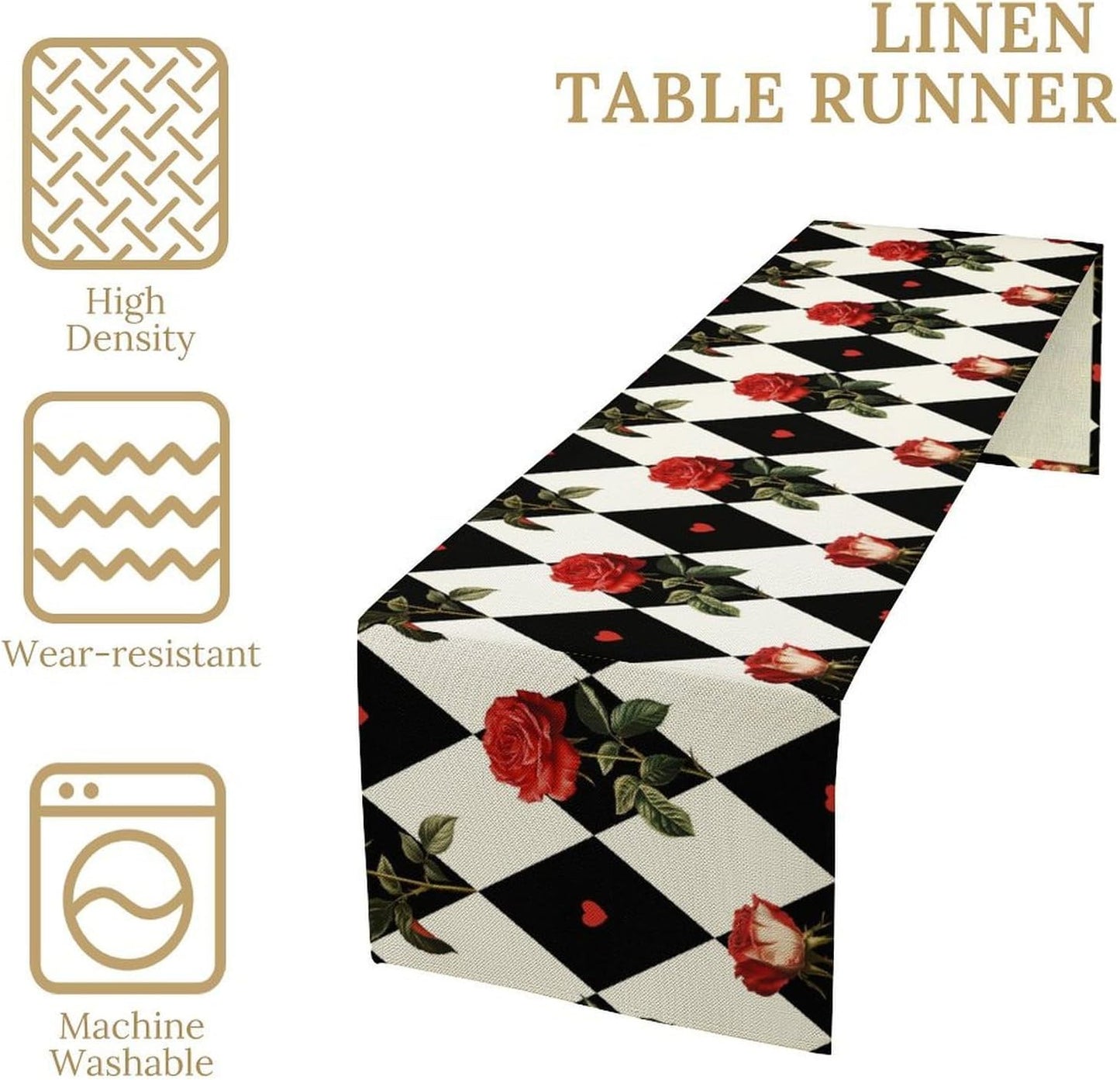 Vintage Rose Table Runner, Red Rose Hearts Black White Checkered Background Table Runner for Kitchen Dinning Table Runner Decor Home Wedding Party Holiday, 13x120 Inch