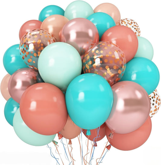 Hawaiian Balloons Set, Pack of 60 12 Inch Orange Teal Blue Light Green Chrome Rose Gold Confetti Latex Balloons for Tropical Luau Beach Aloha Tiki Magic Baby Shower Birthday Party Decorations Supplies