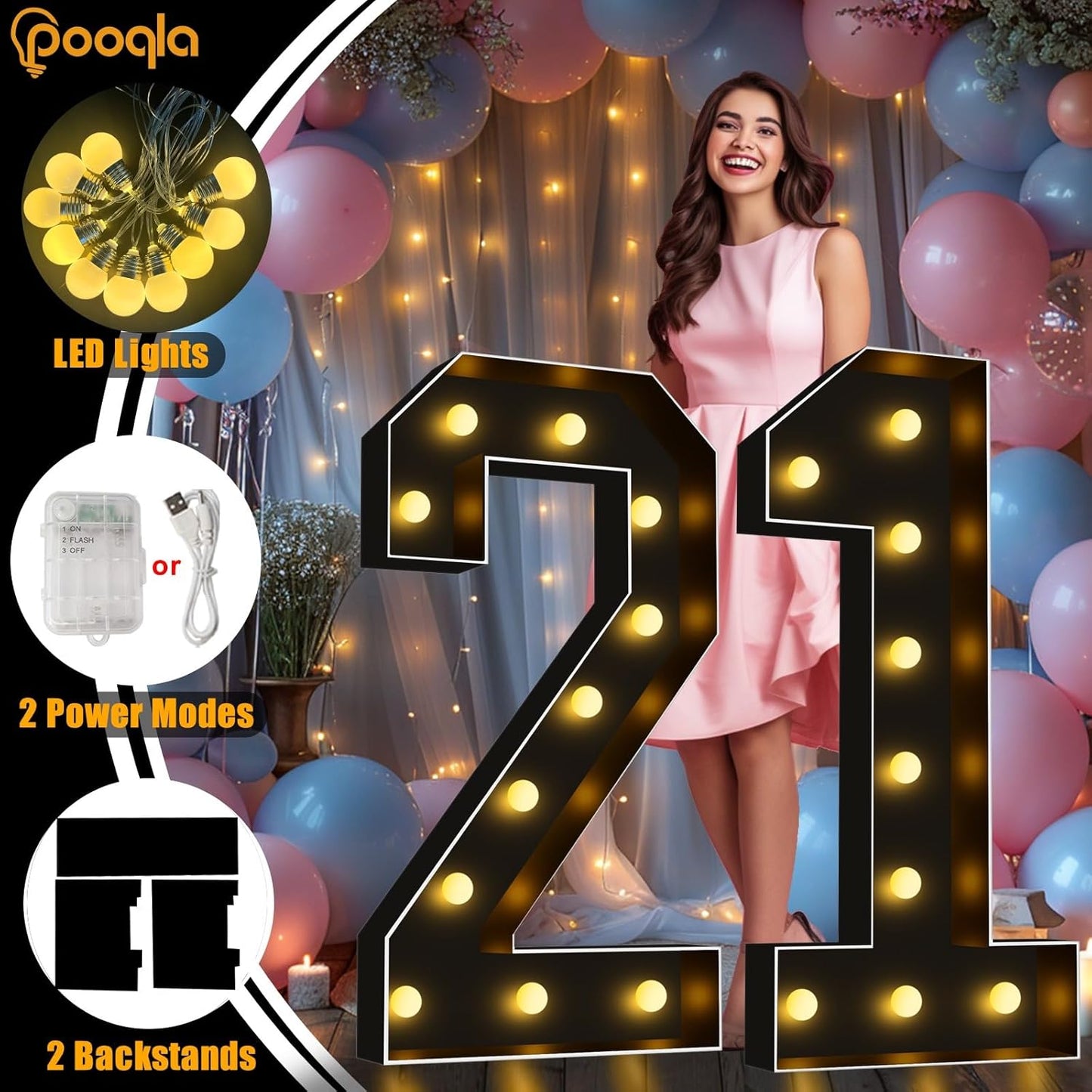 Pooqla 4 FT Light Up Marquee Numbers, Black Marquee Number Lights 4 Feet Tall for 5th 15th 50th Birthday, Giant Letter Big Mosaic Numbers for Balloons Party Anniversary Wedding Decorations, Number 5