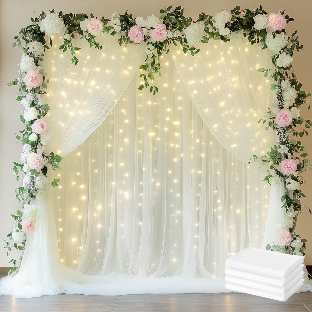 Fomcet Tulle Curtains with Lights String Ivory 20FT X 10FT Sheer Backdrop Curtains for Parties Wedding Baby Shower Photo Shoot Decorations (4 Panels 5 x 10FT)