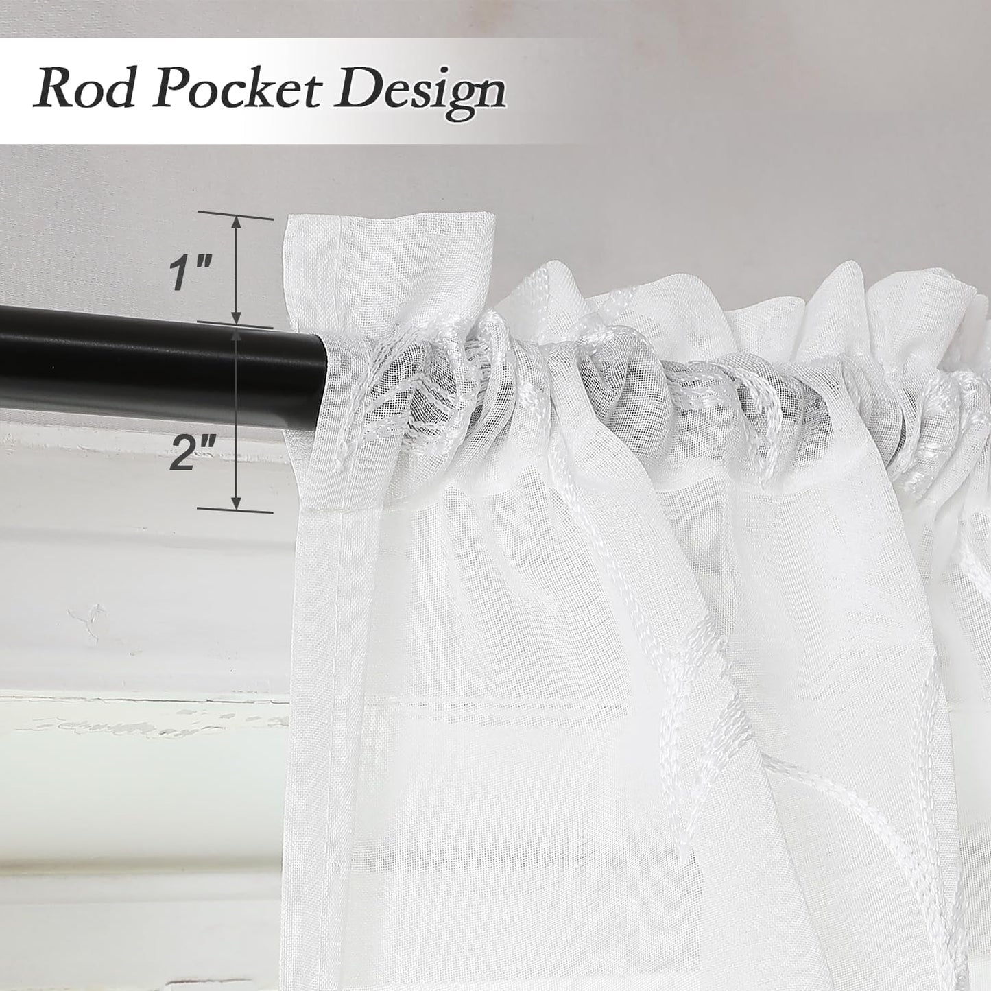 VISIONTEX Sheer Voile Curtain Valances, Decorative Leaves Embroidered, Rod Pocket Window Treatment for Kitchen/Rustic Bedroom/Living Room (54 x 16 Inch,1 Panel)