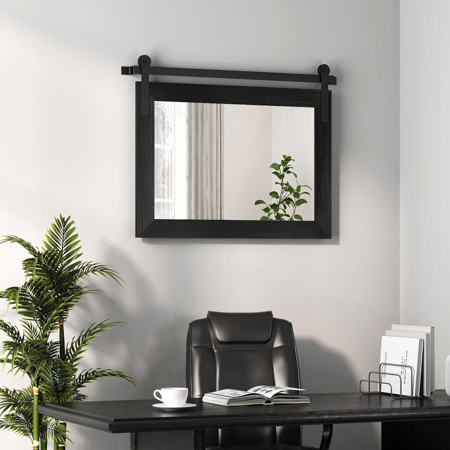 COGOOD Farmhouse Barn Door Mirror - 29" x 22" Rustic Wood Framed Wall Mirror for Bathroom, Living Room, Entryway Wall Decor (Black)