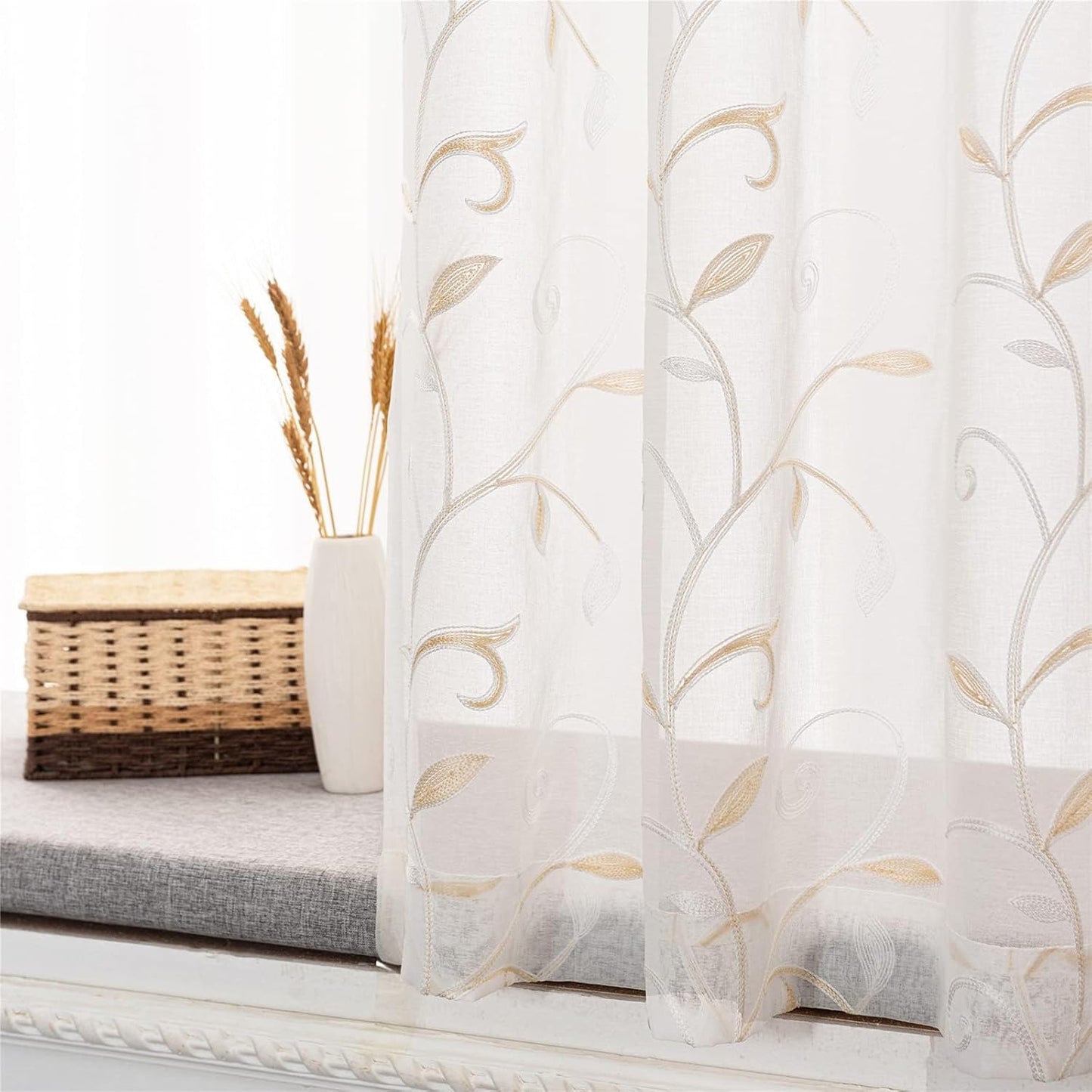VISIONTEX Sheer Curtains 120 inch Length 2 Panels Set, White Voile Crushed Cream Vine Leaves Embroidery, Rod Pocket Embroidered Window Drapes for Living Room and Bedroom, 54" x 120"