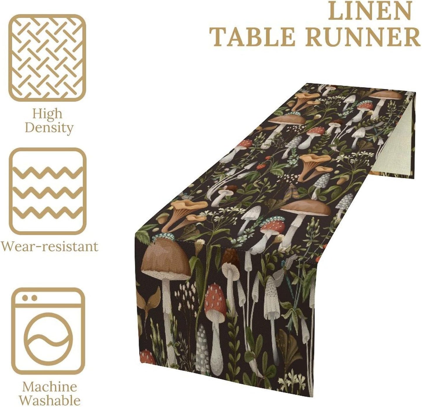 Mushroom Table Runner,Retro Forest Wildflower Botanical Plants Flower Art Pattern Print Burlap Hotel Indoors Outdoor Dining Room Kitchen Holiday Party, 13x90in