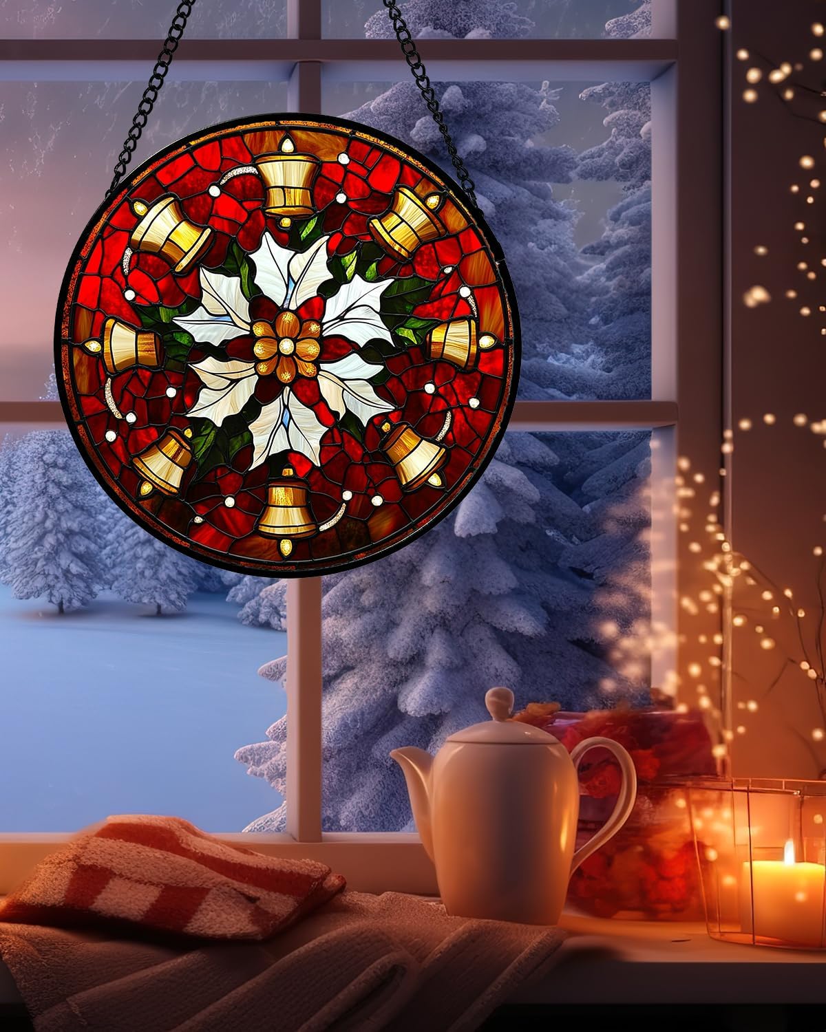 Stained Glass Window Hanging - Golden Bells Flowers Suncatcher for Doors Home Christmas Decoration Winter Sun Catcher Thanksgiving New Year Birthday Gift for Friend Women Men Mom Nana 6.3 in