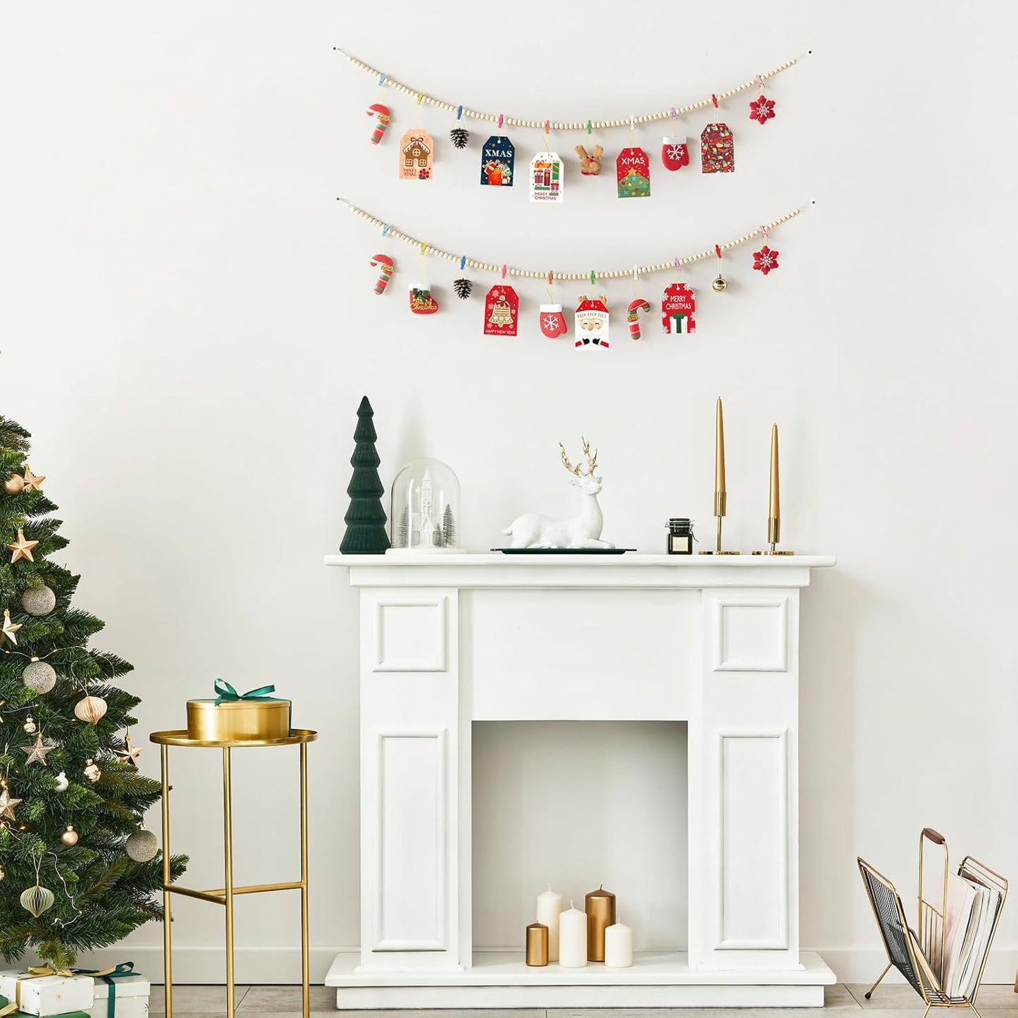 Mkono Hanging Photo Display with Clips, Boho Wooden Bead Garland Banner, Collage Card Picture Kids Art Holder String with 10 Clips for Christmas Bedroom Dorm Decor, Teen Girl Gifts, Mutil, 2 Pack