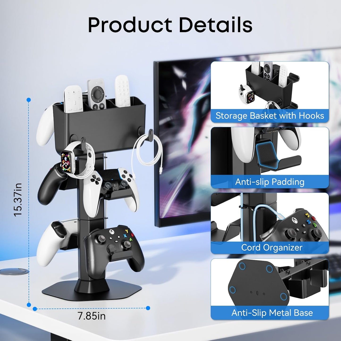 Controller Holder with Remote Control Storage Box, Headset and Controller Stand for Desk, Headphone Stand with Two Hooks for Watch Cable Key Chain, Gaming Accessories for P5/P4/Xbox/Switch