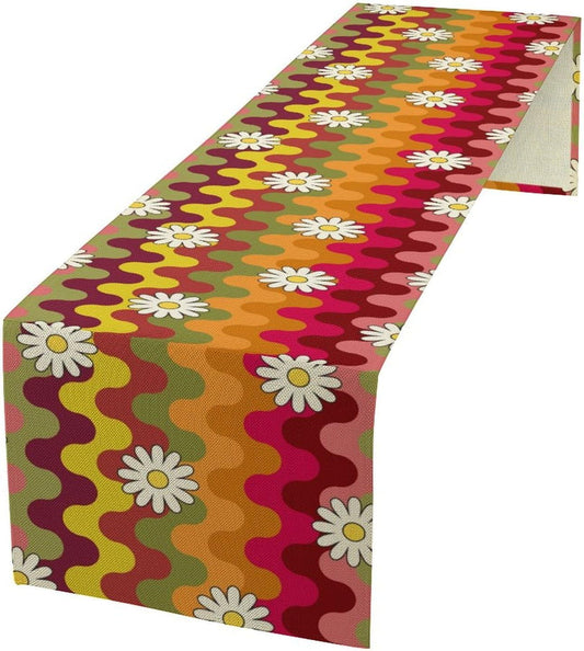 Vintage Floral Table Runner,60s 70s Colorful Retro Abstract Hippie Print Table Runner for Kitchen Dining Table Home Party Decoration 13x120 Inch