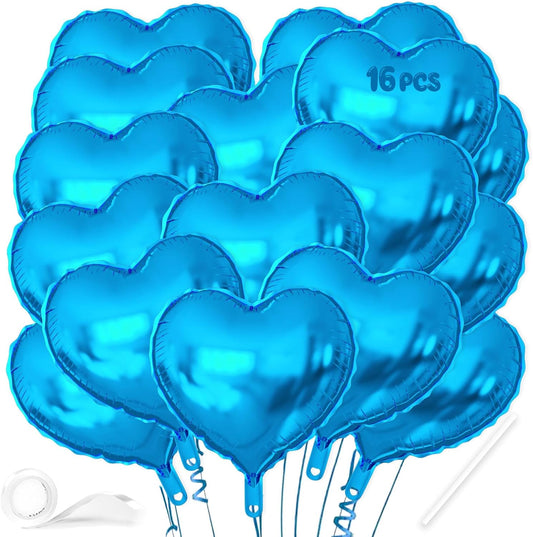 16 Pcs Heart Balloons, 18 Inch Blue Love Heart Shaped Foil Balloons for Wedding Anniversary Birthday Party Valentine Decorations Baby Shower Bridal Shower Engagement Decorations Supplies