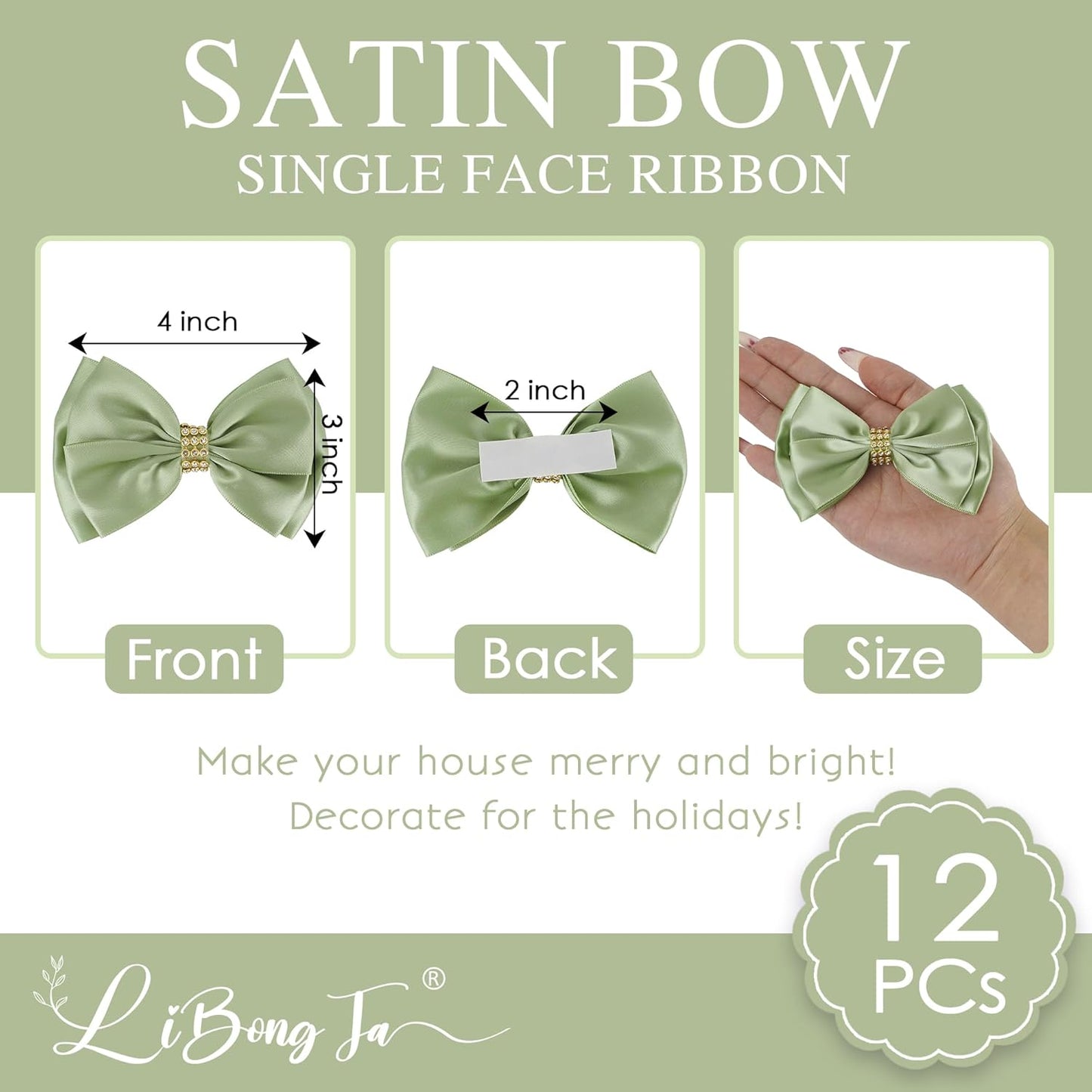 Sage Green Bows 4'' Premade Satin Ribbon Bow, Gift Bows with Rhinestone, Wrapping Bows for Presents, Greeting Cards, Treat Bags, Wine Bottles, Valentines Bows for Gift Wrapping-12 Counts