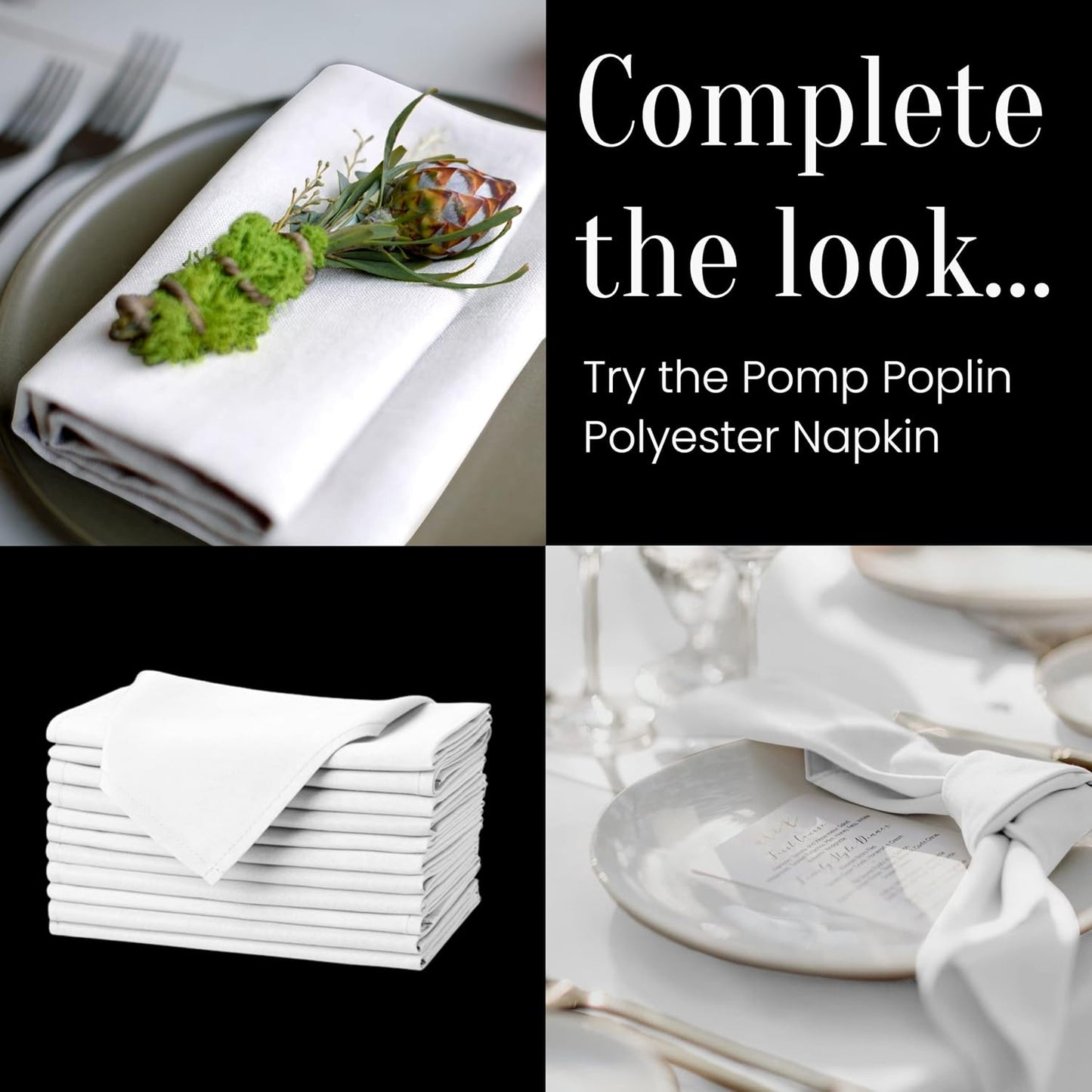 Pomp Black 90" x 156" Poplin Polyester Tablecloth (4 Pack) | Wrinkle + Stain Resistant Easy Care Premium Fabric | Fits 8FT Rectangle Table