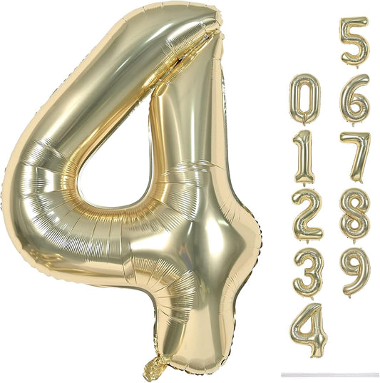 Champagne Gold Foil Balloon Number 4, 40'' Giant Self Inflating Number Balloons Set 0-9, Large Light Gold Number 4 Helium Balloon for Girls Boys 4th Birthday Anniversary Party Decorations Supplies