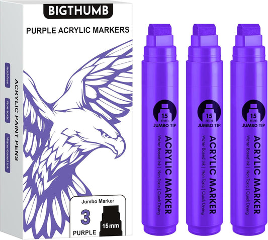 3 Pcs Purple Jumbo Permanent Markers: 15mm Wide Tip Thick Acrylic Paint Pen Large Calligraphy Marker for Rock Painting, Poster, Sign, Canvas, Glass, Wood, Ceramic