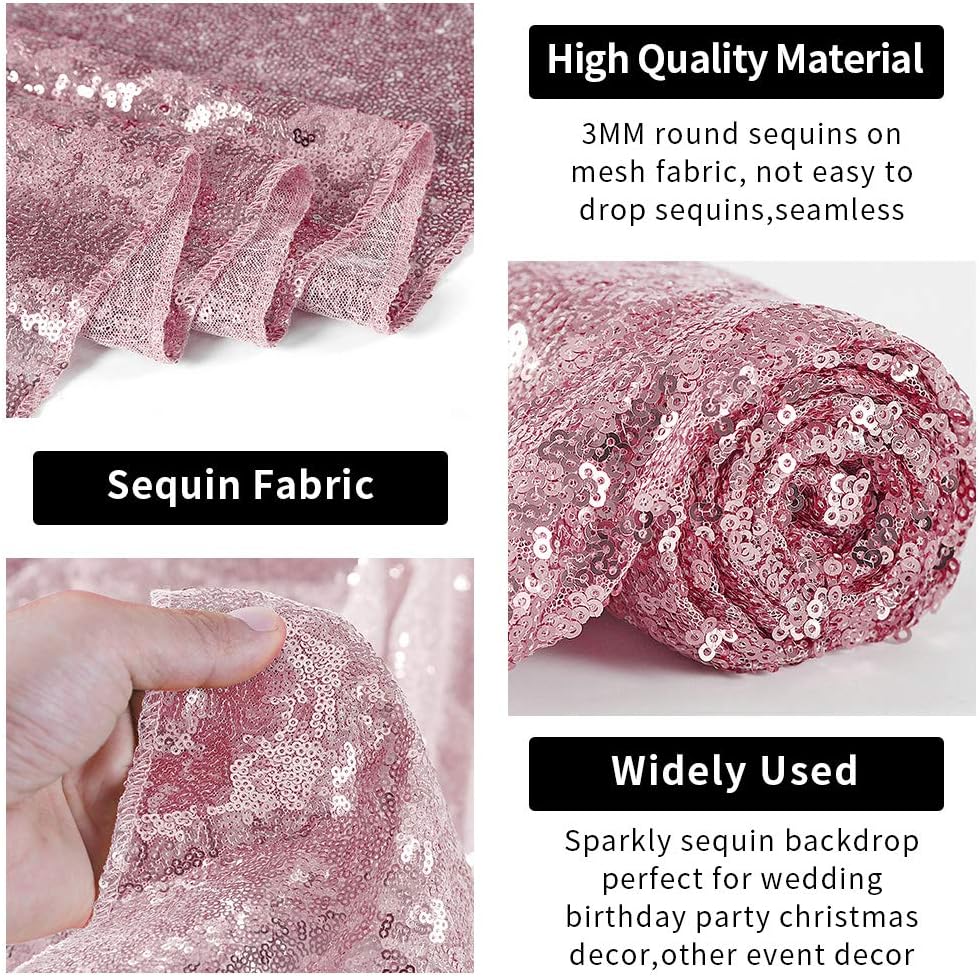 Hahuho Rose Pink Sequin Backdrop Curtain, 2PCS 2FTx8FT Glitter Backdrop Curtain for Parties, Christmas, Wedding, Banquet Decoration（2 Panels, 2FT x 8FT, Rose Pink）