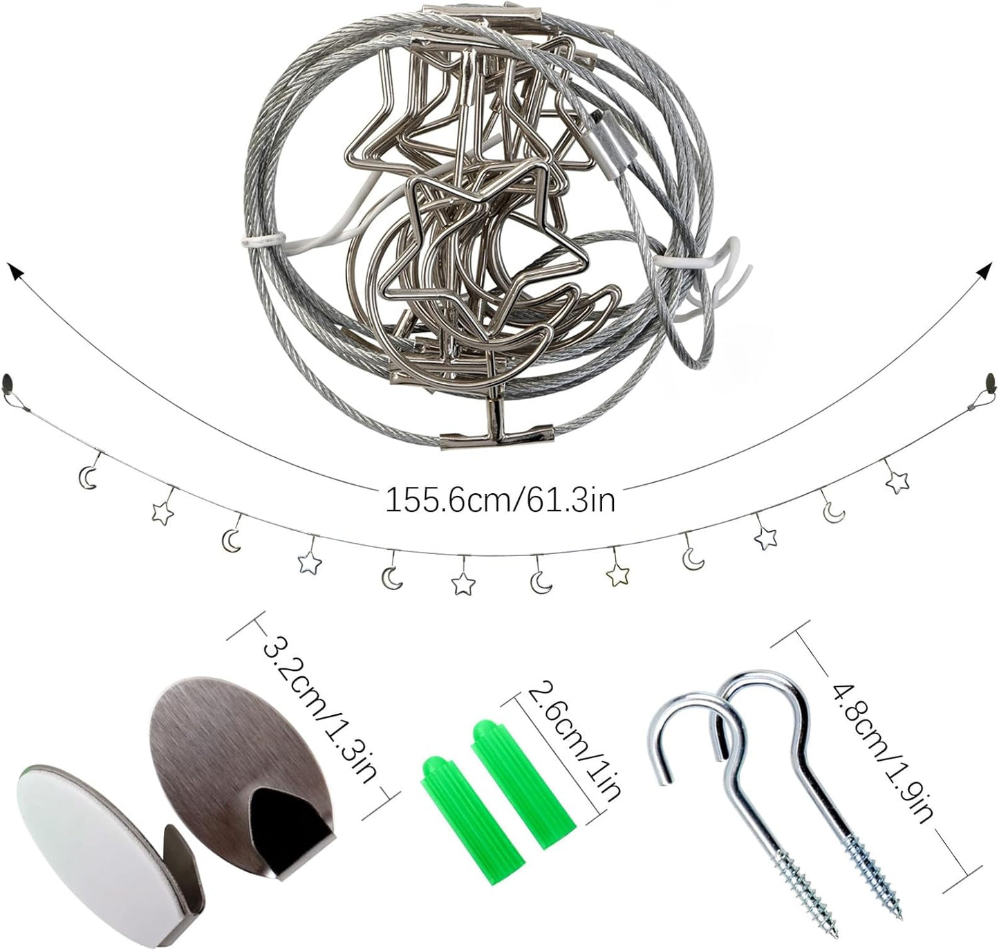 2 Pack Chain Photo Clip Hanging Photo Display Wall Photo Display Metal Photo String with 12 Clips Wall-Mounted Picture Holder for Hanging Painting Family Photos Artworks (Silver-Star and Moon)