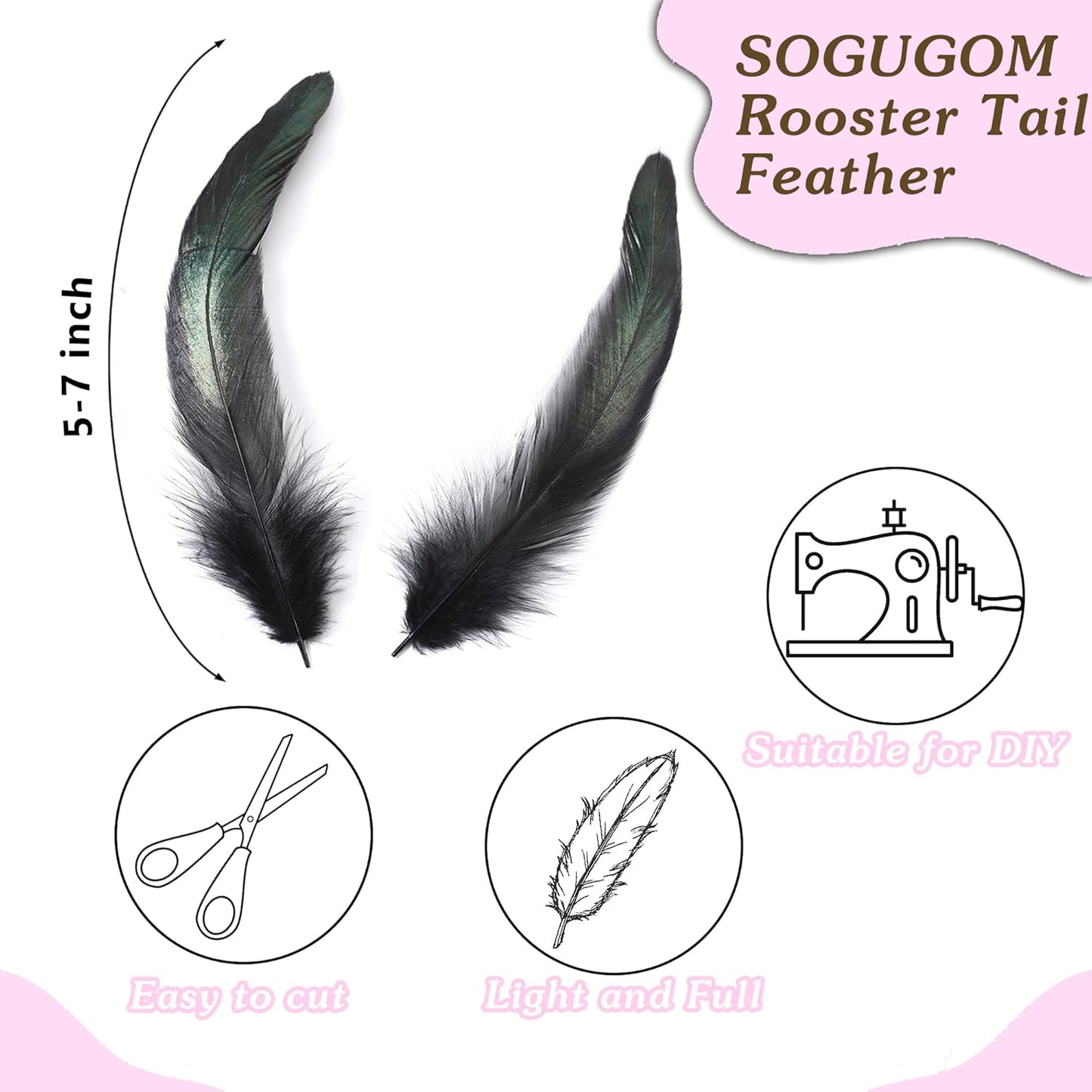 SOGUGOM White Rooster Tail Feathers - 200 pcs 5-7 inch Craft Feathers Bulk for Craft Projects, Halloween, Hats and Cocktail Table Centerpieces(White)