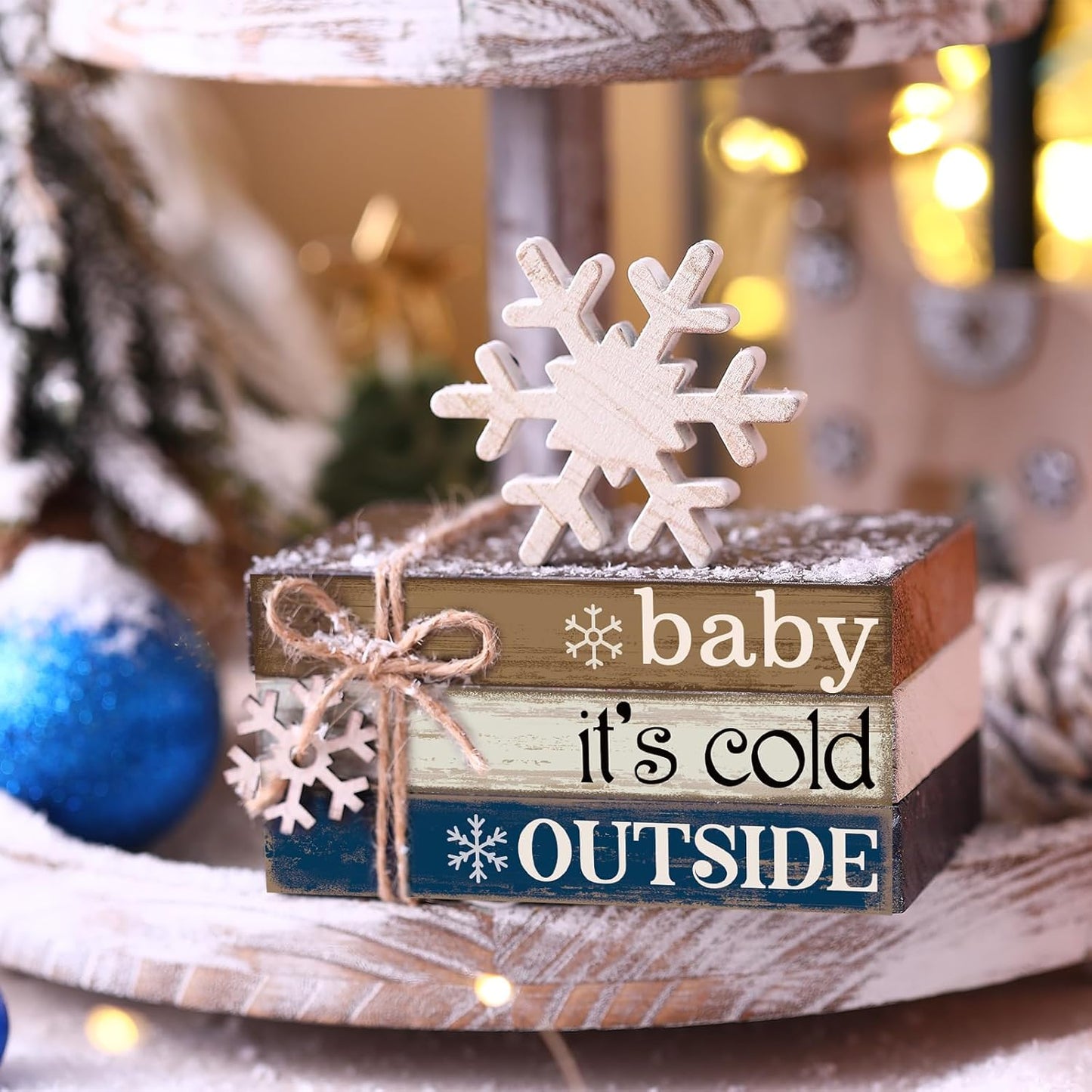 4 Pcs Winter Christmas Decor Winter Table Decorations Christmas Tiered Tray Decor Centerpiece Decorations Indoor Rustic Wooden Snowflake Block Sign Gift Farmhouse for Home Kitchen Shelf