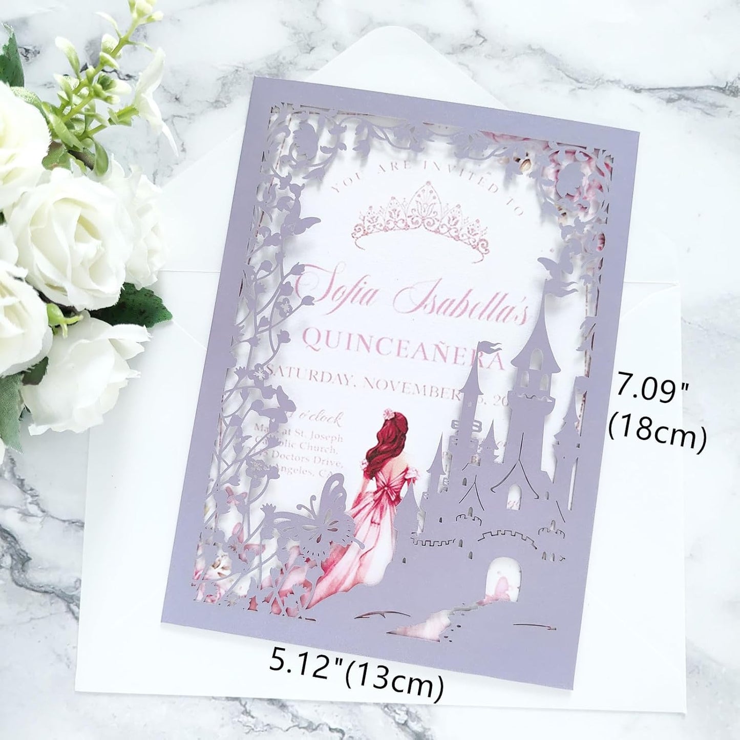 20PCS Castle Pocket Invitations, Quinceanera Invitations with Envelopes, Princess Invitation, Laser Cut quince invites (purple)