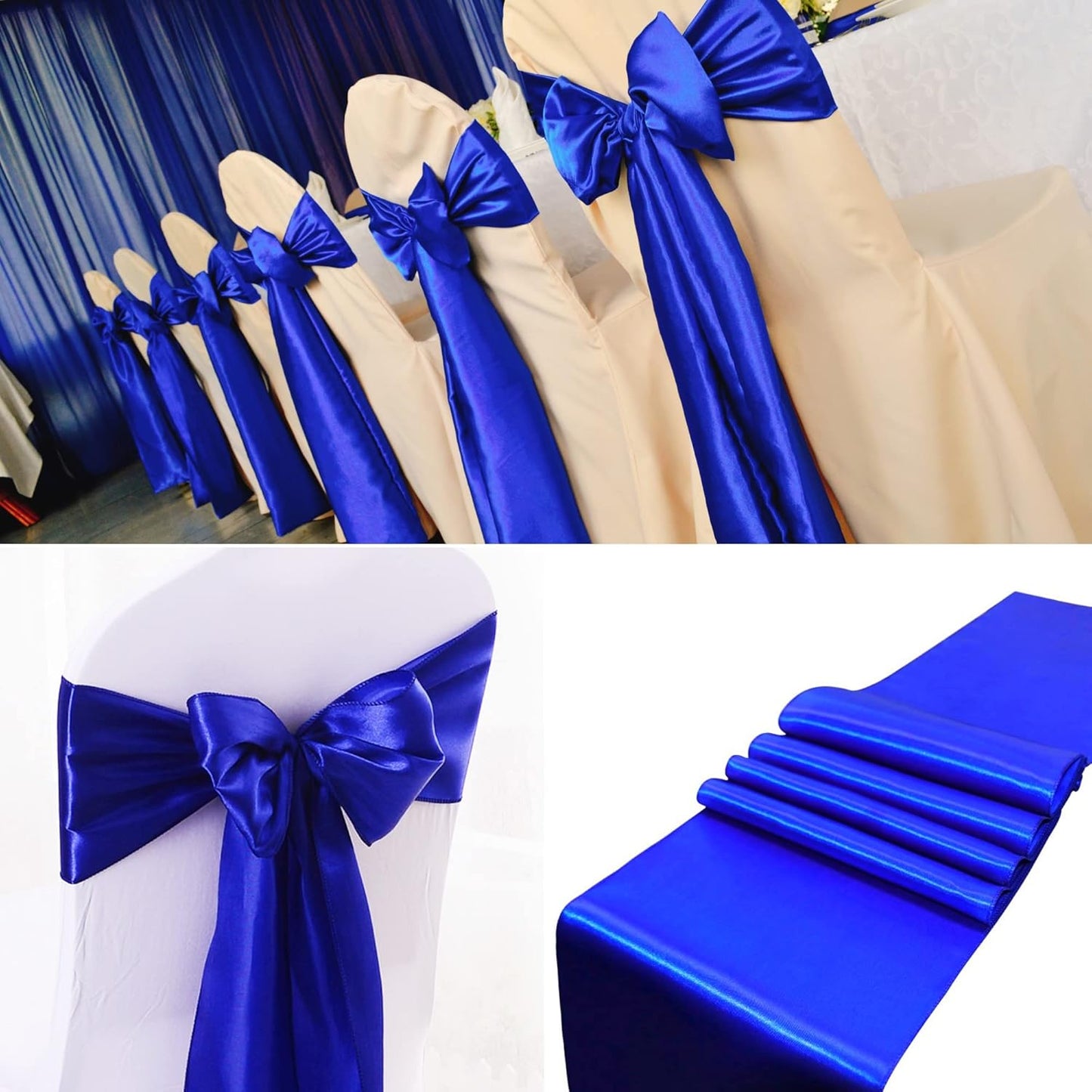 50 PCS Satin Chair Sashes Bows Decorative Universal Chair Cover Chair Ribbon Ties Back Sash for Wedding Birthday Party Ceremony Reception Hotel Events Banquet Restaurant Decor(7 x108 inch,Royal Blue)