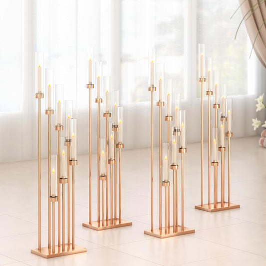 46.5'' Floor Candelabra 7 Arms Floor Candle Holders for Wedding Gold Candle Sticks Holder Decor Metal Candlestick Set with Acrylic Lampshades for Home Party (7 arm Square 46.5in)