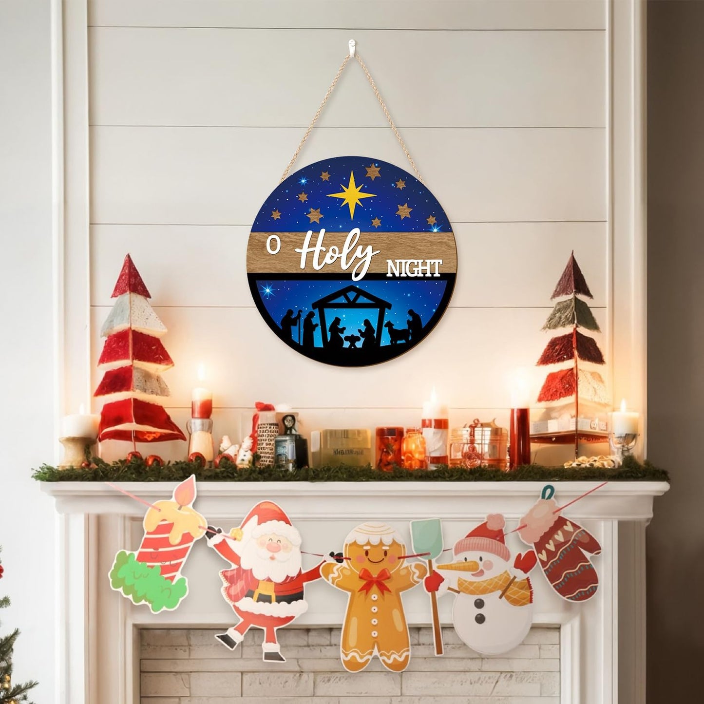 CHDITB 3D O Holy Night Jesus Christmas Front Door Sign(12"x12"), Wooden Nativity Scene Christian Decoration Wall Hanging, Rustic Religious Winter Holiday Decor for Home Indoor Outdoor