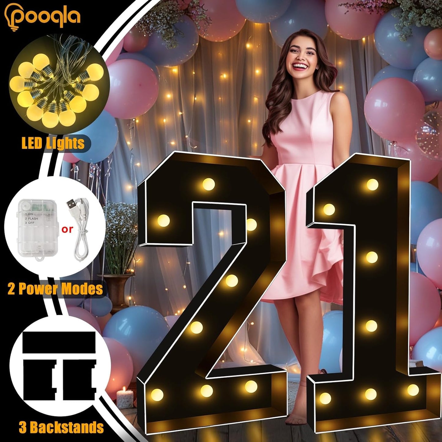 Pooqla 3 FT Light Up Marquee Numbers, Black Marquee Number Lights 3 Feet Tall for 9th 19th 90th Birthday, Giant Letter Big Mosaic Numbers for Balloons Party Anniversary Wedding Decorations, Black 9