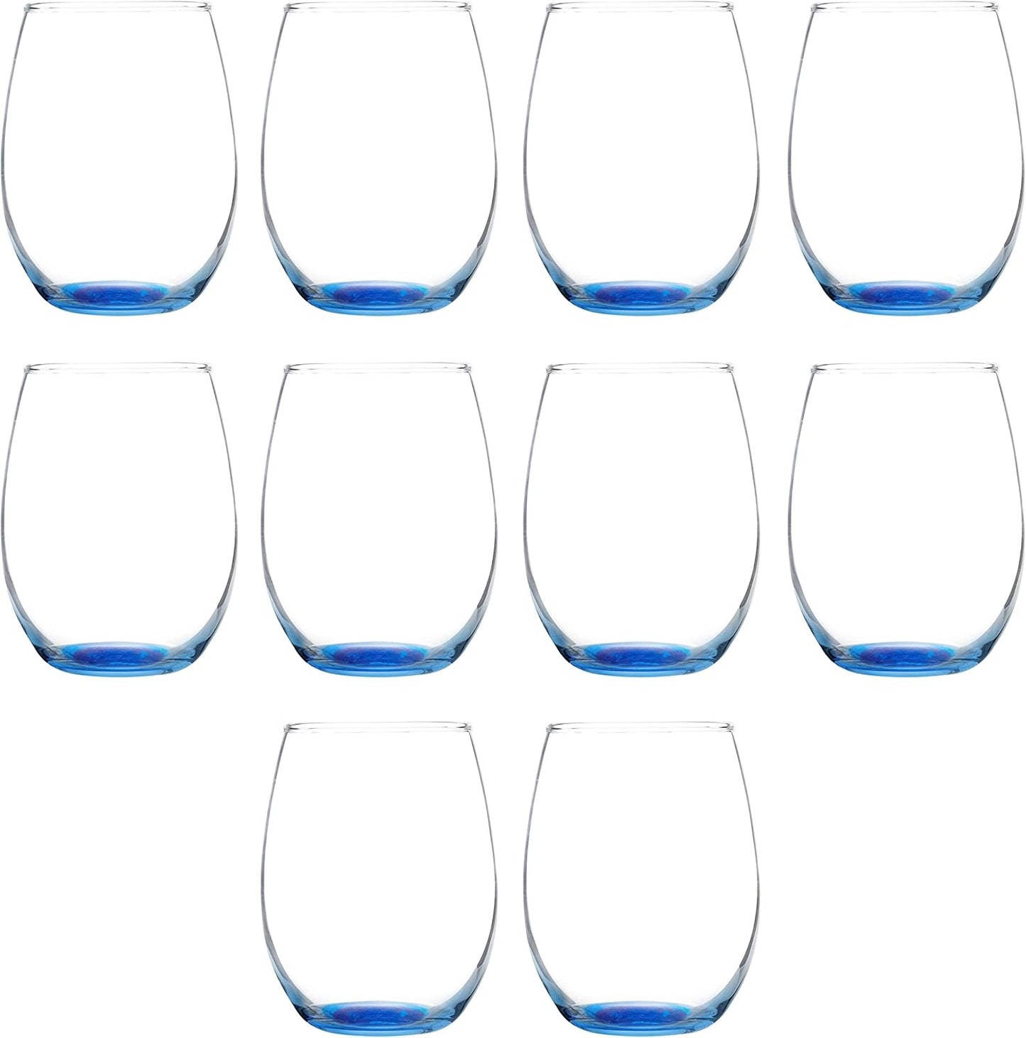 DISCOUNT PROMOS Stemless Wine Glass 9 oz. Set of 10, Bulk Pack - Great for Wedding Favors, Bachelorette Party and More - Blue Bottom Color