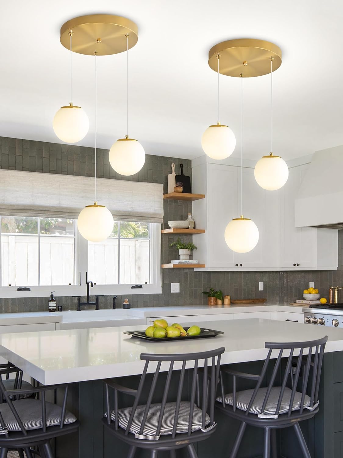 3-Lights Globe Glass Pendant Light Modern Gold White Globe Glass Chandelier Mid Century Chandelier Hanging Fixture for Kitchen Island Foyer Hallway Dining Room