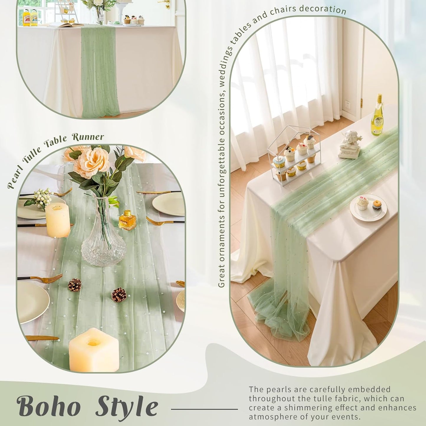 Set of 6 Pearl Table Runner 29 x 120 Inch Sage Green Tulle Fabric Lace Table Runners Boho Rustic Table Runners for Bridal Shower Birthday Party Wedding Arch Aisle Veil Dessert Table Decor(Sage Green)