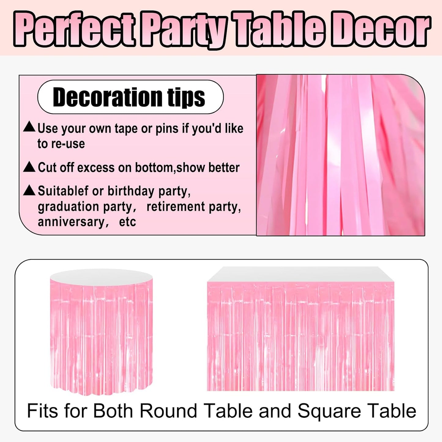 3 Pack 29x108 Inch Macaron Pink Foil Fringe Table Skirts Metallic Banner for Tinsel Streamer Garland Backdrop for Parade Floats Wedding Thanksgiving Birthday Christmas Halloween Party Decoration