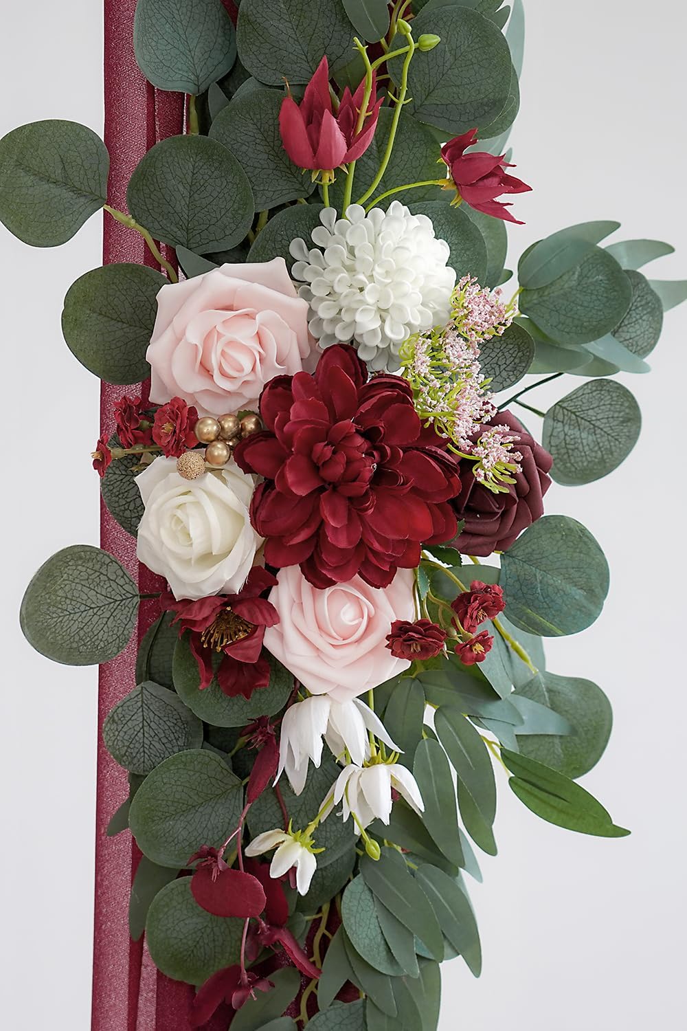 Burgundy Artificial Wedding Arch Flowers Kit (Pack of 3) with 26Ft Burgundy Shiny Arch Draping Fabric for DIY Wedding Party Ceremony Reception Backdrop Floral Decoration