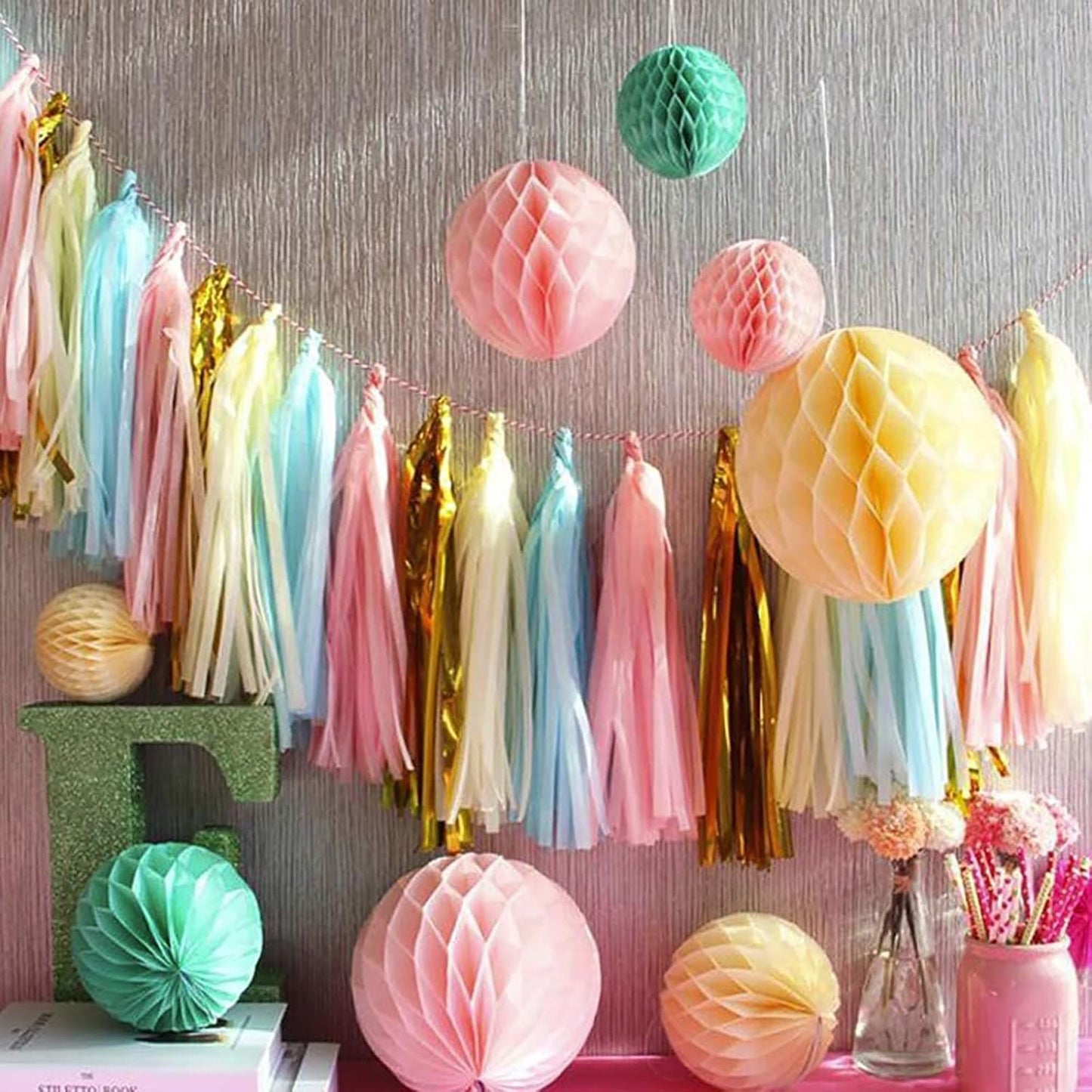 Pink Blue and Silver Tissue Paper Tassel Banner for Gender Reveal Birthday,Baby Shower Party Decorations,15 Pcs