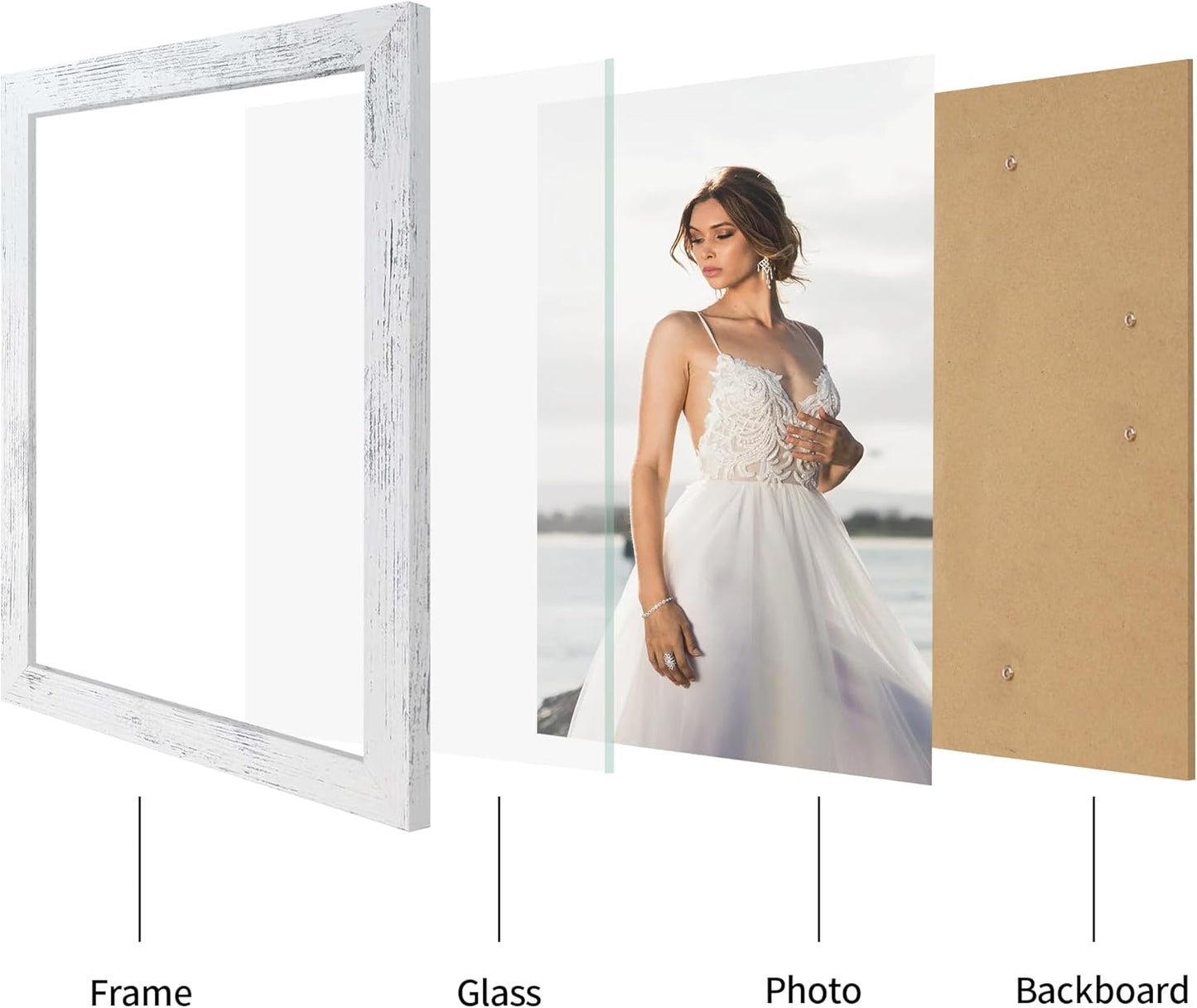 8.5x11 Picture Frame Set of 4, Distressed White Certificate Frame with Real Glass, Wood Photo Frames 8.5 by 11 Diploma Document for Wall Hanging and Tabletop Display