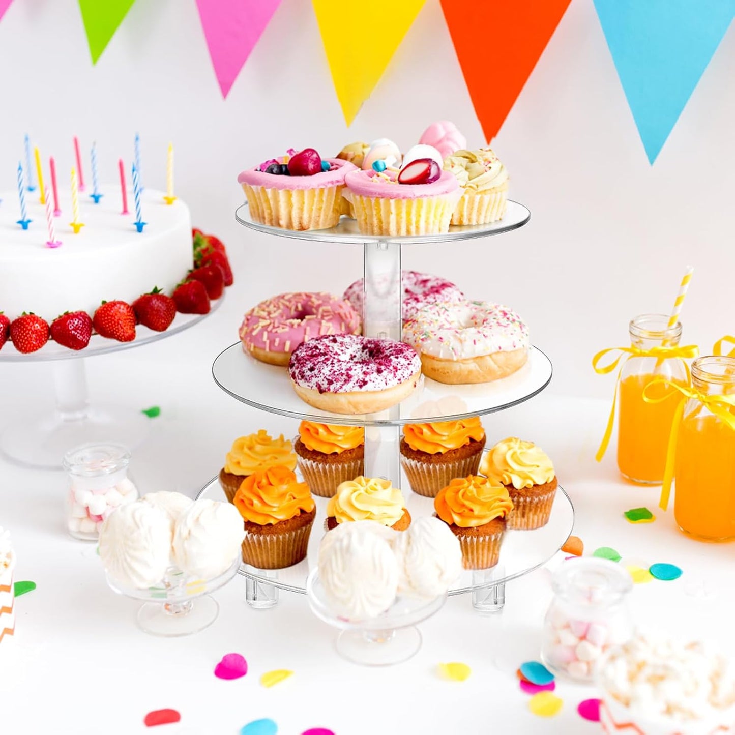 3 Tiers Round Cupcake Stand, Acrylic Cake Tower Stand Holder Macaron Display Rack Cookie Candy Buffet Desserts Platter with Base for Baby Shower, Birthday Party, Wedding, Party (3-Tiers with Base)