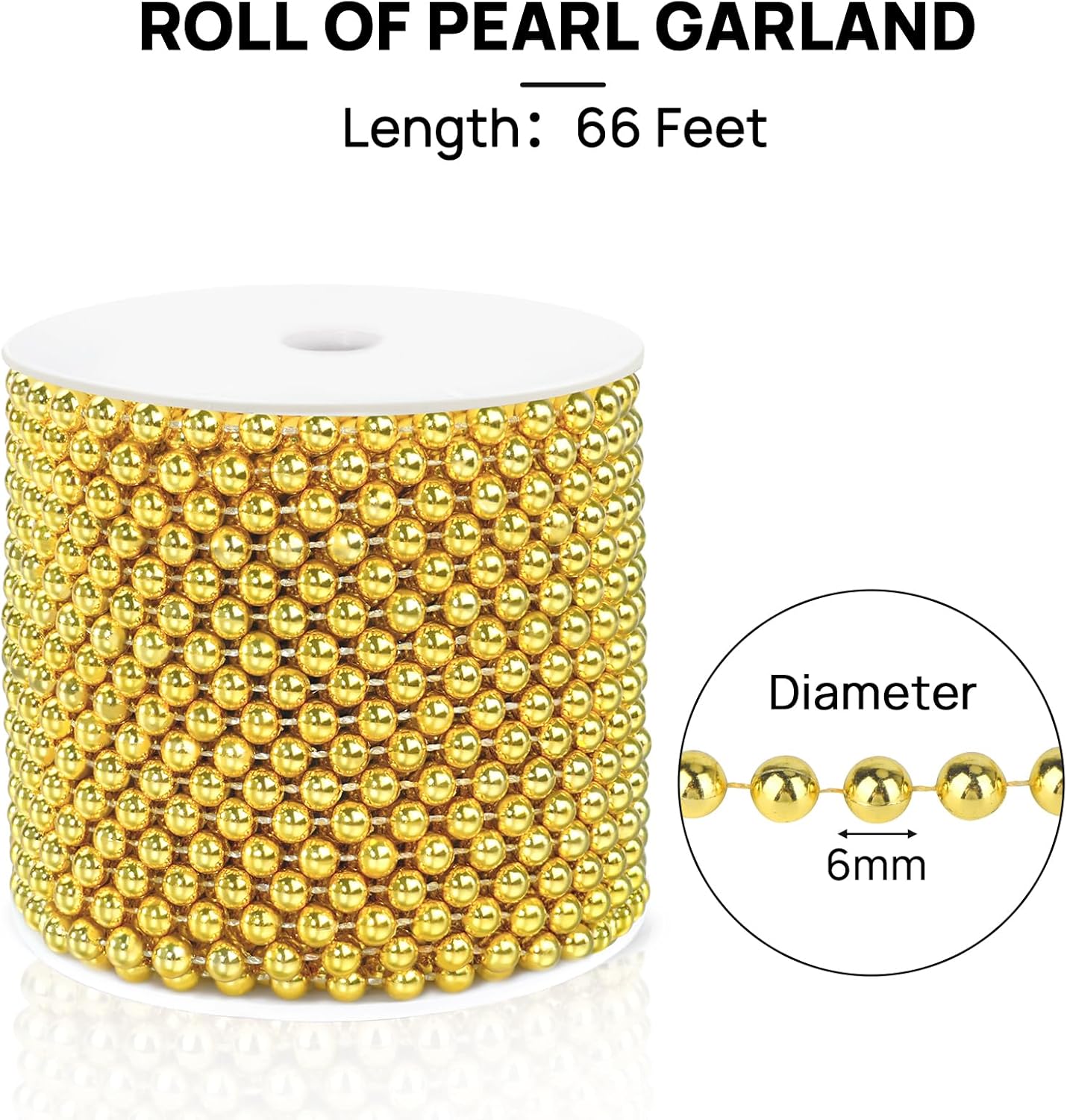 Craft String Pearls 6MM Pearl Bead, 66 Feet Gold Faux Pearl Garland Spool Roll Strand Wedding Party Decoration, Christmas Tree Decorations