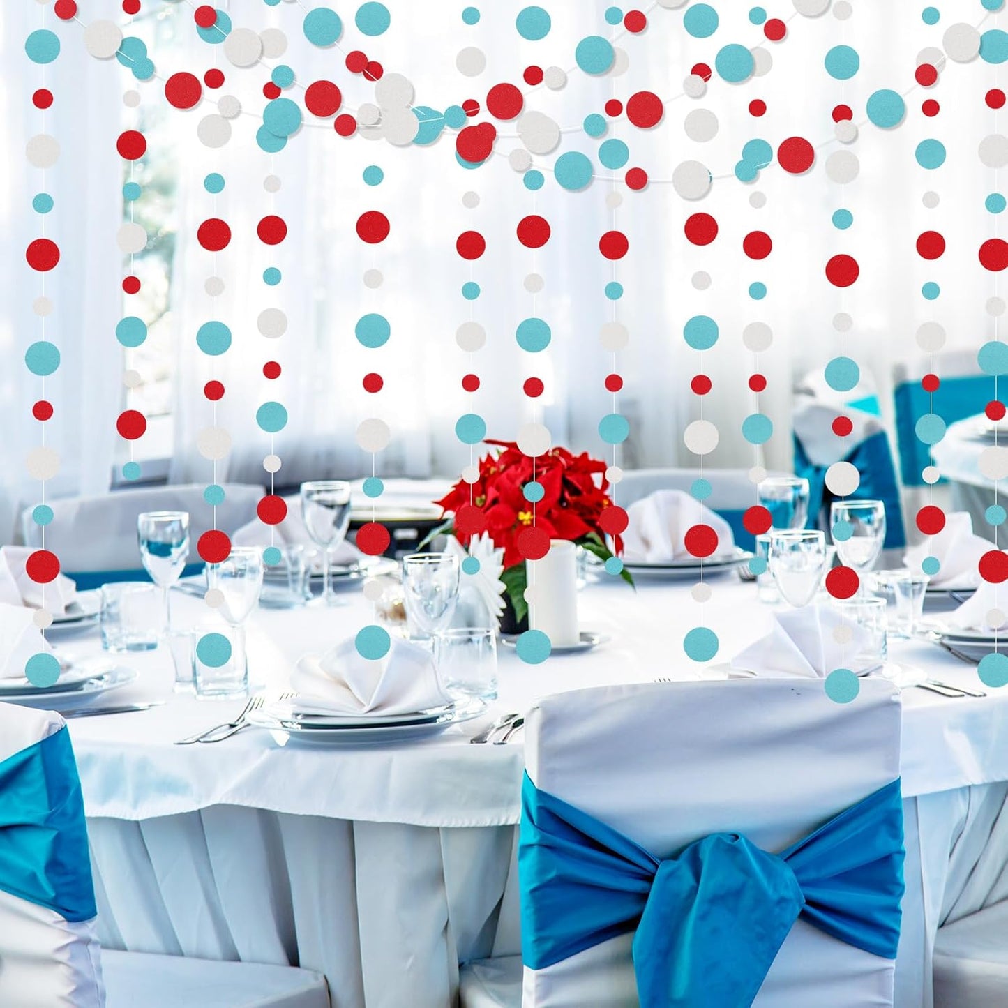 Outus 5 Pieces Colorful Dots Paper Garland Round Glitter Garland Hanging Confetti Streamers Backdrop for Candy Birthday Classroom Halloween Trunk or Treat Car Decoration (Light Blue,White,Red)