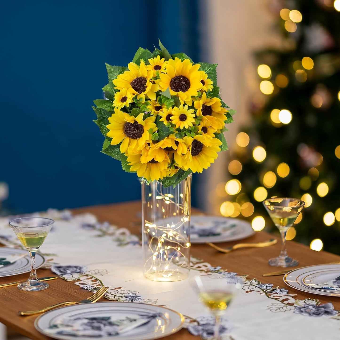 BLOSMON Sunflowers Artificial Flowers Ball - 10 Pcs Fake Yellow Sunflower Flowers CenterPieces Decoration for Wedding Table - Silk Kissing Floral Arrangements for Home Party Event DIY Decor