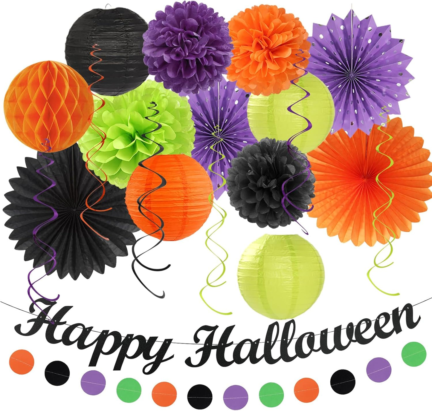 Black-Green Orange-Purple Happy-Halloween Party-Decorations - 21pcs Birthday Banner,Paper Lanterns Honeycomb,Tissue Pom Poms Flower Fan,Kids Classroom Hanging Streamers Garland Decor Supplies Huglony