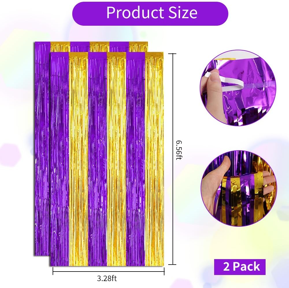 BEISHIDA 2Pcs Purple Gold Door Streamers Congrats Grade 2025 Decoration Backdrop Foil Fringe Tinsel Party Streamers Curtains for Birthday Graduation Mardi Gras Lakers Decoations (3.28 ft x 6.56 ft)