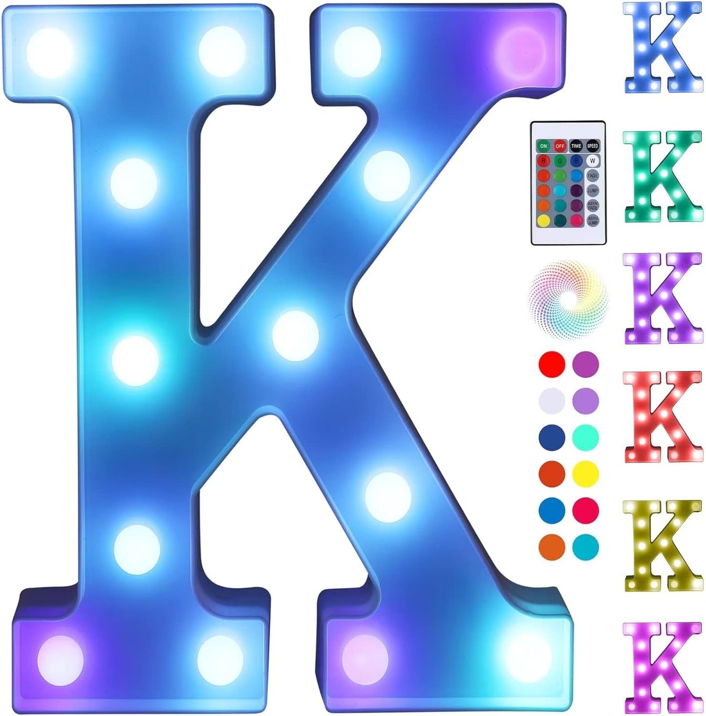 Foaky Colorful LED Letter Lights with Remote,Marquee Light Up Letters Sign for Night Light Wedding/Birthday Party Battery Powered Christmas Lamp Home Bar Decoration(K)