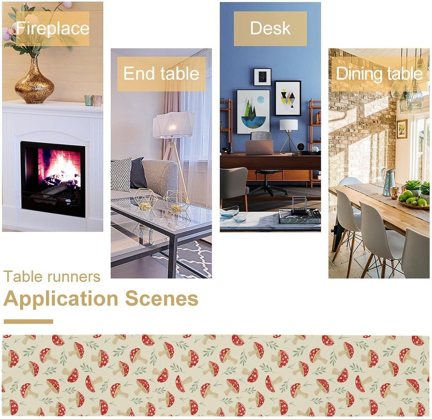 Mushroom Table Runner,Vintage Plant Print Table Runner for Kitchen Dining Table Home Party Decoration 13x72 Inch