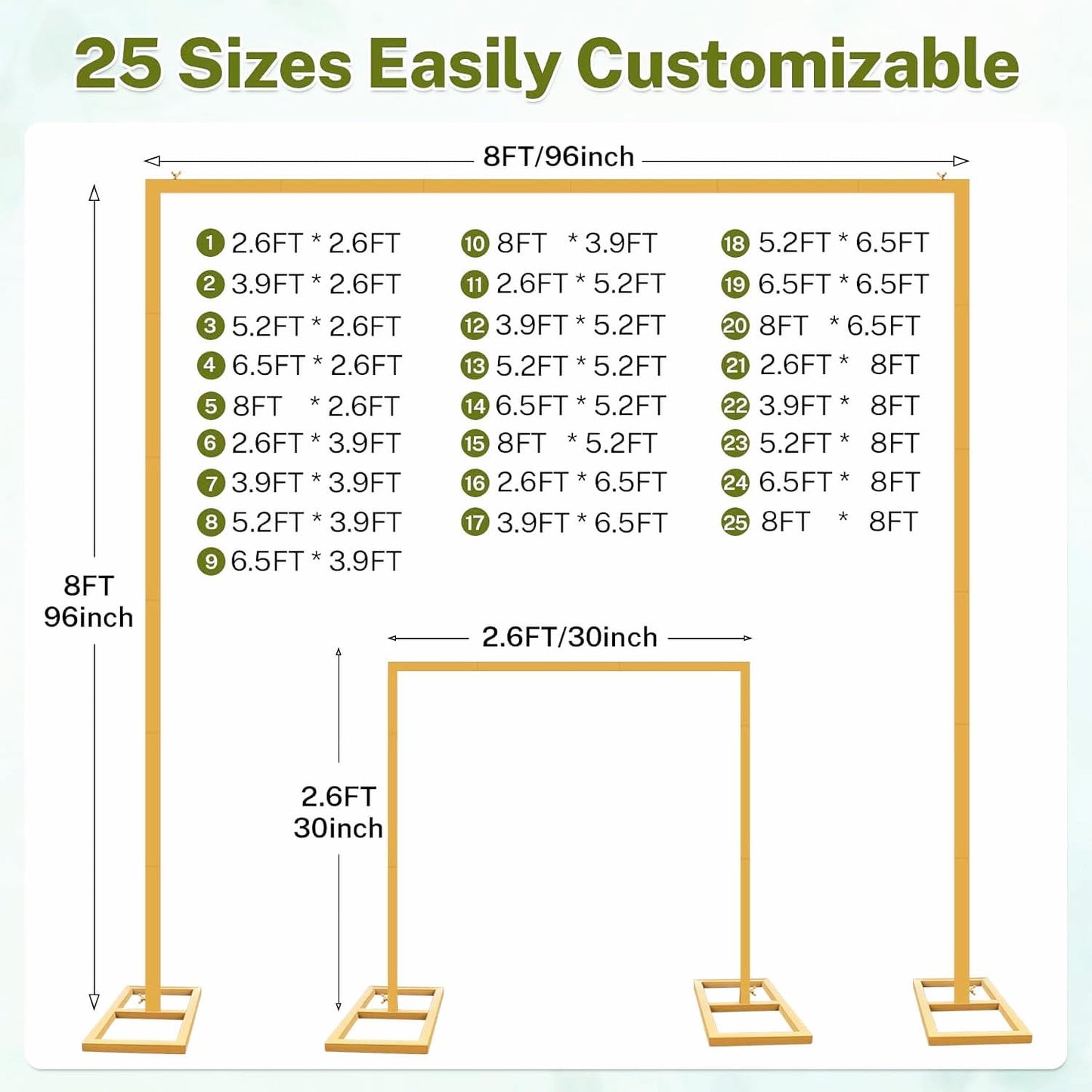 8FT Wedding Arch Backdrop Stand, Gold Square Back Drop Adjustable Stand Metal Arch Heavy Duty Backdrop Stand Kit Frame for Party Wedding Birthday Photobooth Decorations