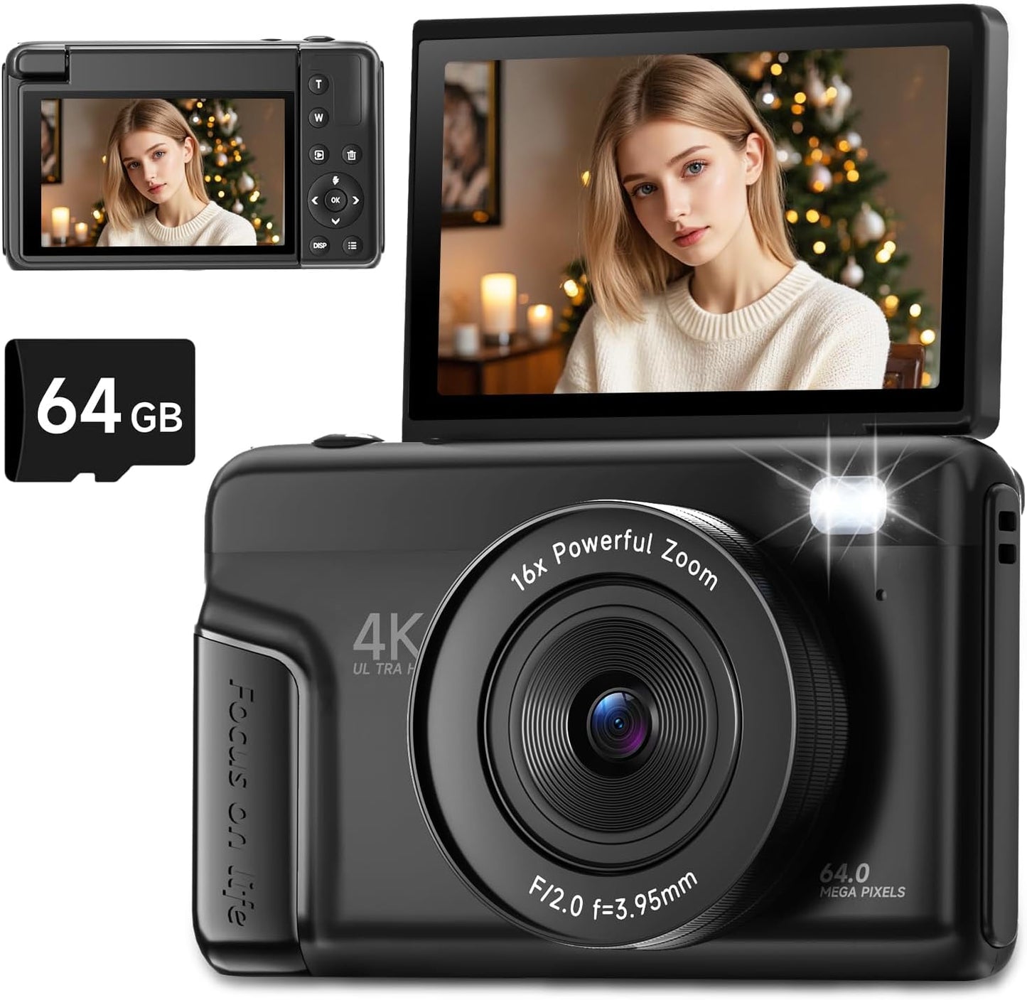 4K Digital Camera for Photography, Autofocus 64MP Vlogging Camera for YouTube with 3" 180° Flip Screen, 16X Zoom Compact Travel Point and Shoot Camera with Flash for Beginners, 64GB Card, Black