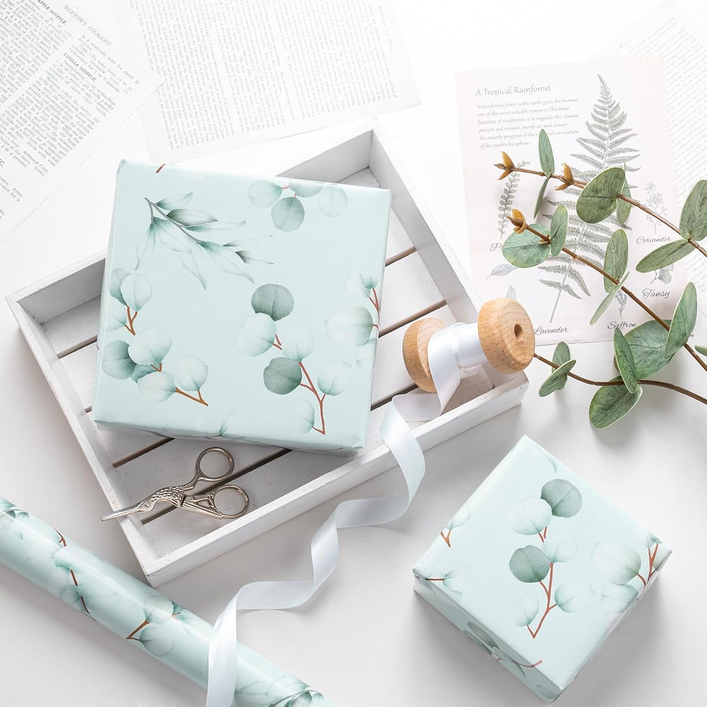 RUSPEPA Eucalyptus Leaves Wrapping Paper Roll for Women Girls, Light Green Leaf Design Gift Wrap, Greenery Wrapping Paper Perfect for Wedding, Birthday, Spring, Bridal Shower, 17 Inch x 16.4 Feet